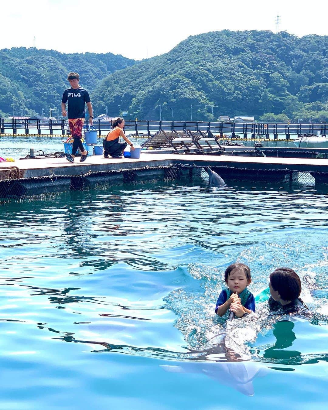 村上萌さんのインスタグラム写真 - (村上萌Instagram)「娘、3歳の誕生日。大人になるとすっかり忘れてたけど、子どもが生きていく上では様々な場所に年齢制限や身長制限があって、「3歳以上」の条件は、結構楽しみにしていた年齢でもある。﻿ 早速、少しできることが増えた娘と一緒に、夫も私もずっとしたかったのに忘れてしまっていたことの1つ、「イルカと泳ぎたい」を叶えてきた🐬﻿ お風呂でも潜れないのに、イルカが迎えに来てくれたら堂々と背びれに捕まって親元から離れていった娘が少し誇らしかった(100枚くらい写真を撮ったけど、全部この渋い顔だった。緊張はピークだったよう🙄)﻿ そして、イルカとのフリータイムがとんでもなく幸せだった。﻿ ﻿ 今年はどんな1年になるかなぁ〜🌈﻿ ﻿ ﻿  #密かな風物詩 #かぞくごと」8月28日 9時56分 - moemurakami_