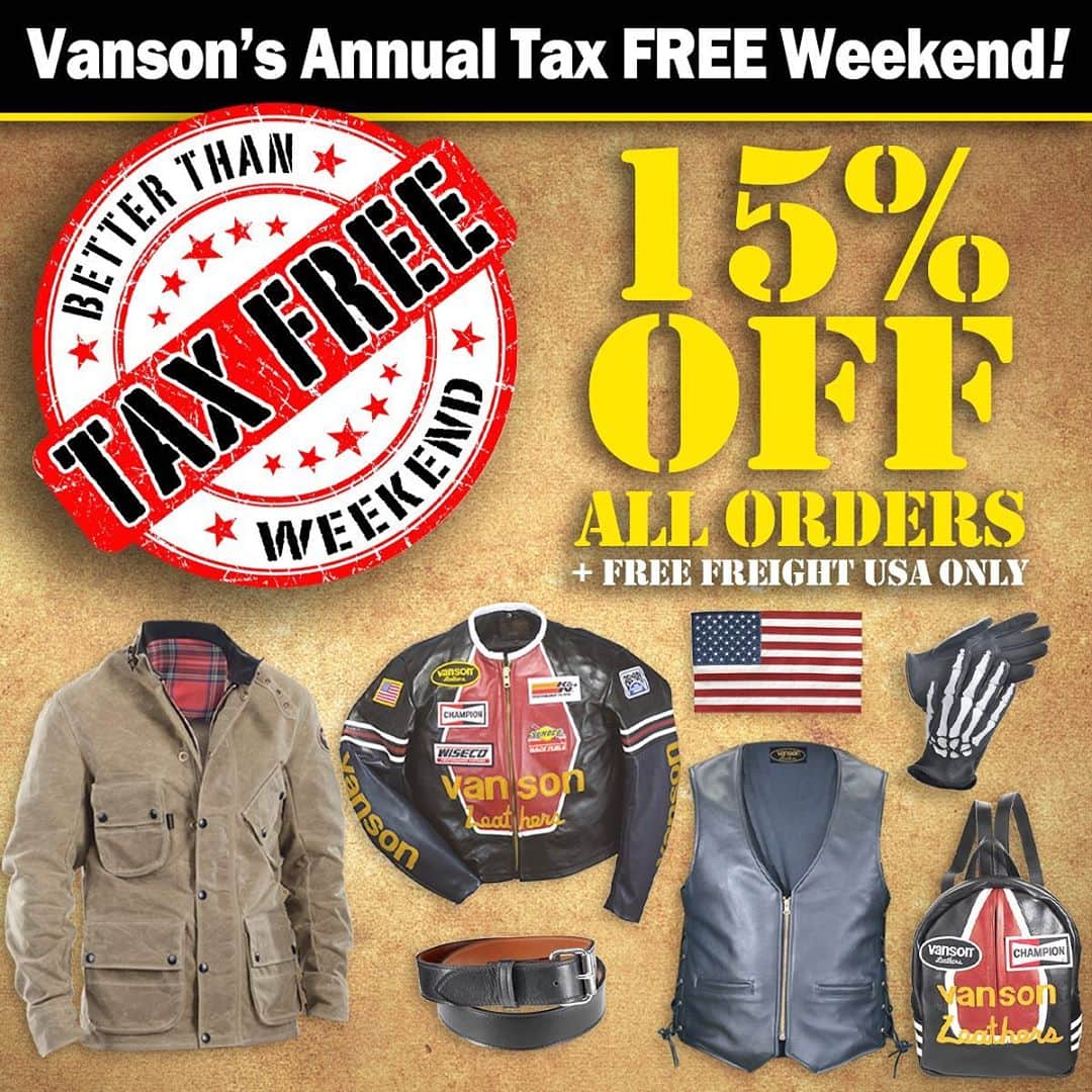 バンソンさんのインスタグラム写真 - (バンソンInstagram)「It’s #taxfree #weekend starting tomorrow! At 12am August 29 and 30! Enjoy TAX FREE + 15% + FREE SHIPPING (USA only) . #taxfree #massachusetts #vansonleathers #leathers #sale #15%off #fashionstyle #wearthis #tlc #couro #modacouro」8月28日 10時02分 - vansonleathers