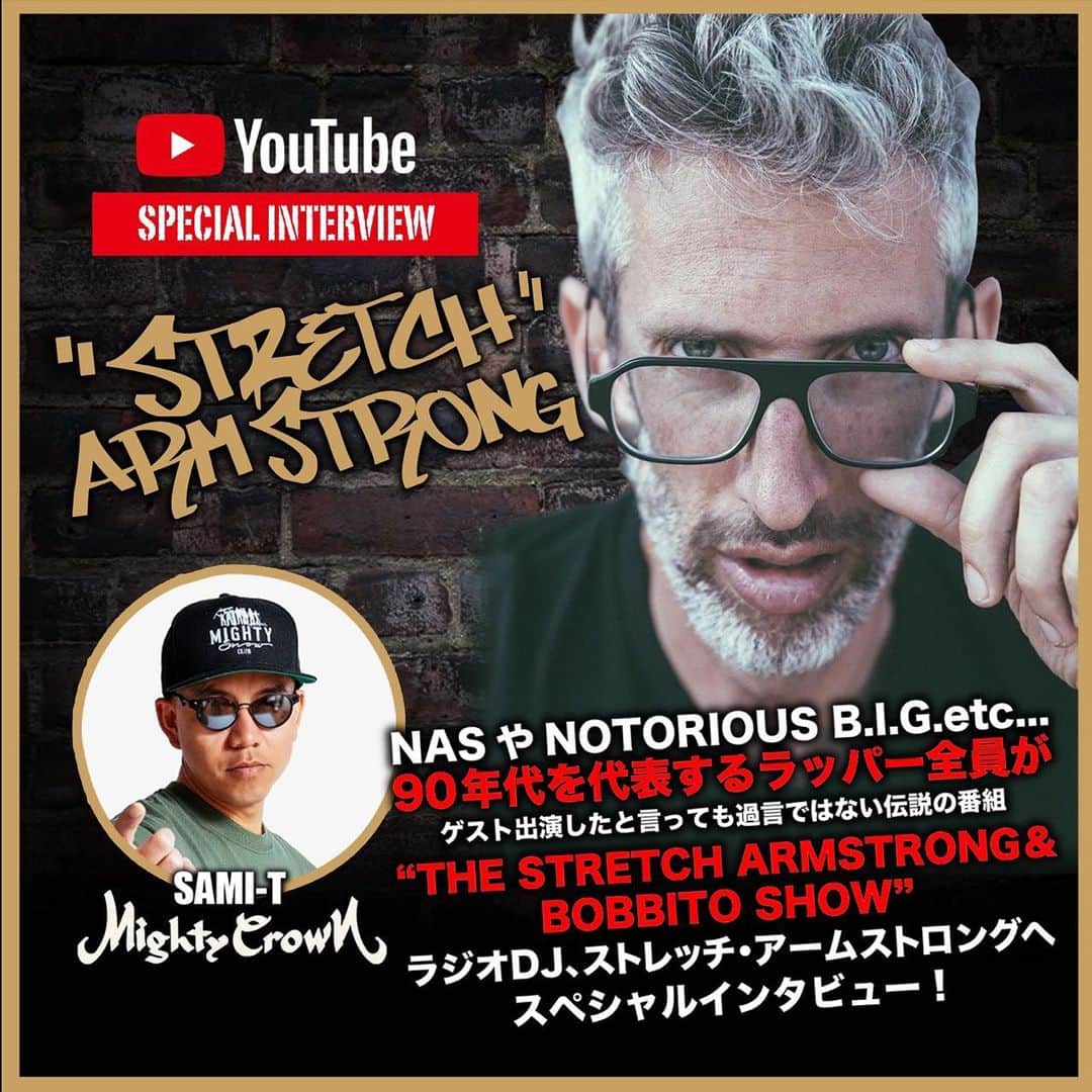 MIGHTY CROWNのインスタグラム：「Today on Mightycrown YouTube channel !!! 19:00pm Japan time it’s on!!! Had  a great chat with my G , the legendary  @stretcharmstrong  From the famous Stretch and Bobbito show (Showtime, Netflix,iTunes) member of the originals, the man who has done so much in the Ny #hiphop #scene , well hiphop in general, check out the interview done by @samicrown_lens out of #Mightycrown  今回は　ニューヨーク時代に影響を受けたDjの1人 ストレッチアームストロングとの 貴重なインタビュー、　ビギーの話から　モブディープ、ジェイジーなど  どのくらい凄い人なのか 是非観てみてください〜 今夜19時公開！ #hiphop #reggae #dancehall #ny #scene  Go register Mightycrown #youtube チャンネル登録を！」