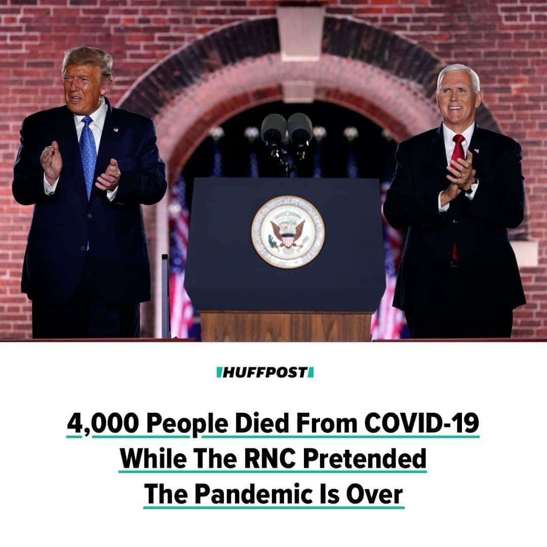 Huffington Postさんのインスタグラム写真 - (Huffington PostInstagram)「The novel coronavirus pandemic claimed another 1,116 American lives on Thursday, as Republicans brought a close to a national convention most notable for their repeated insistence that the pandemic is a thing of the past.⁠ ⁠ For four nights, the GOP largely ignored that a virus most other countries have brought under control is still spreading across the United States rapidly, as if a modest decline from July’s peak in daily case numbers is a reason to celebrate and the deaths of more than 180,000 people here are nothing to mourn. ⁠ ⁠ Across the country, at least 4,024 Americans died from COVID-19 during the four-day Republican National Convention this week, according to Johns Hopkins University. The total number of deaths rose from 176,800 on Sunday, the day before the convention opened, to 180,824 by the time it ended. Put another way: The U.S. lost more lives to COVID-19 during the RNC than it did in the 9/11 terrorist attacks. The number of deaths in the United States over that period exceeded the number of new infections in Canada.⁠ ⁠ President Donald Trump and the GOP, however, acted as if the fight against the virus is over and that he can be credited with winning it.⁠ ⁠ “These are the incredible workers that helped us so much with the COVID,” Trump said during a Monday speech from the White House, where he stood flanked by police officers, nurses and a truck driver. ⁠ ⁠ His use of the past tense, which would become a theme throughout the convention, was quickly drowned out by his reference to “the China virus,” the racist term he has repeatedly used to shuttle blame for the global pandemic on the country where it originated.⁠ ⁠ On the convention’s final night, more than 1,000 people gathered close together on the South Lawn of the White House, hardly a mask in sight, as if a global pandemic wasn’t still ravaging the country.  Trump finally acknowledged Thursday night that the fight against the virus is ongoing, although it was primarily meant to glorify his own efforts to “crush” a virus most other large nations have already halted. ⁠ ⁠ “We are meeting this challenge,” Trump said. Read more at our link in bio. // 📝 @twaldron5 // 📷 Associated Press」8月28日 23時59分 - huffpost