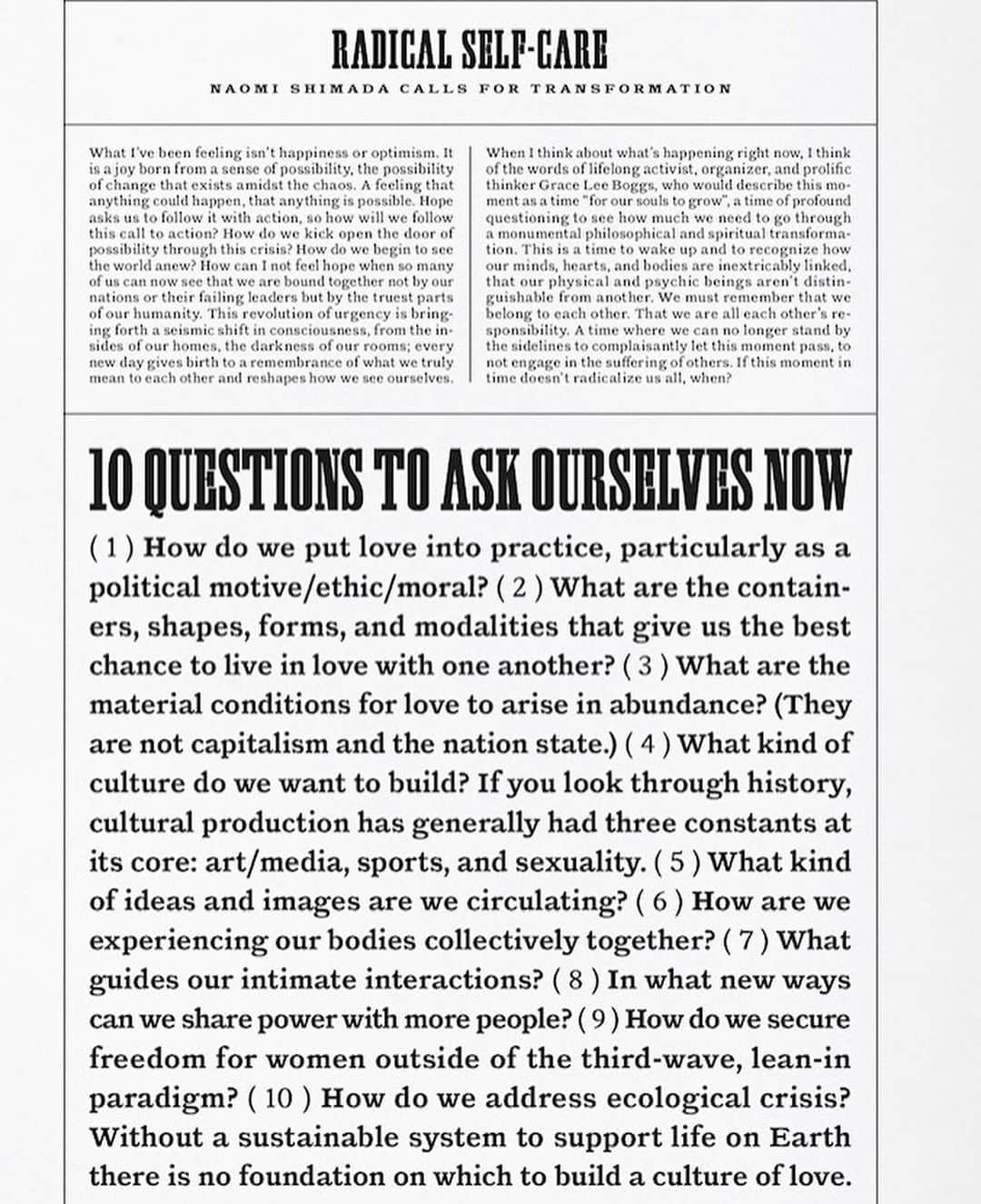 ナオミ・シマダのインスタグラム：「I contributed a little something to @limbozine, a new and exciting printed magazine that so beautifully explores the times we’re living through. I wrote this back in april in the early days of lockdown, so full of hope and yearning to believe in a better world. so much has happened since then, the relentless global suffering feels like an endless tragic soundtrack on loop that I am reading back these words out of necessity as each new day feels heavier and heavier. i’m trying to sit with these words by Almah Lavon quoted in 2015 : ‘just the other day I was reading that resilience is an ecology more than it is an individual trait or possession. If so, dreaming together can weave the context together for our healing. That is: a container, an atmosphere, a potentiality. Not transcendence. In fact, I’m not sure how much we’re breaking free of personal/collective trauma as much as we’re brewing adaptogens, recipes for resistance, a kiss and a fist.’   So with that in mind these questions are here for us to dream together.  I feel v honoured to get to share space with such an incredible group of humans @viviensassen @mirandajuly @wolfgang_tillmans @honeydijon @tiwaselect amongst so many others! Congratulations @roughversion @nickchapin @annebv who brought this to life!  you can buy it over at limbomagazine.com + @doverstreetmarket but they are looking for more museums and bookshops to stock it when they reopen! eternally grateful to @_trustfall for the words, edit support and inspiring convos/encouragement that helped put this piece together.  All income from the publication will be divided evenly by the artists and creators involved, many who have lost work and income streams because of the pandemic. I will be donating my fee to a direct mutual aid initiative I’m involved with helping families who have fallen between the cracks here in London. If you’d like a copy (and you’re based in the UK!) but can’t afford it at the moment email me at ask@naomishimada.com - first 3 to do so I’ll buy you a copy <3」