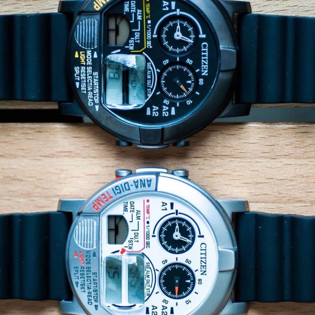のインスタグラム：「… CITIZEN × BEAMS 『ANA DIGI-TEMP』 . 1980年代に人気を博した名作アナデジテンプの中でも、海外でのみ発売された丸型のモデルを復刻。スポーツテイストなデザインが特徴的で、温度計測機能も搭載するなどアナデジテンプらしい機能性も申し分ありません。また、デジタル液晶部分のガラスを凹凸レンズにすることでより現代的な表情に仕上がりました。ブラックとシルバーの２色を展開します。8月28日（金）よりBEAMS公式オンラインショップで先行予約を開始します。 . @beams_official @citizenwatchjp #citizen #beams」