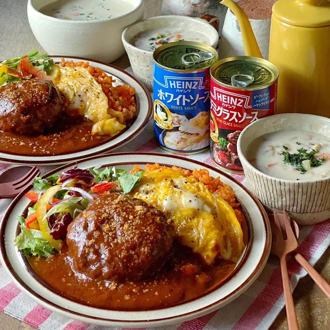 ひろs さんのインスタグラム写真 ひろs Instagram 煮込みハンバーグとオムライスのワンプレート クラムチャウダー こちらはpr投稿となります 興味のある方はどうぞ ハインツさん Heinz Japan より デミ缶とホワイトソース缶を