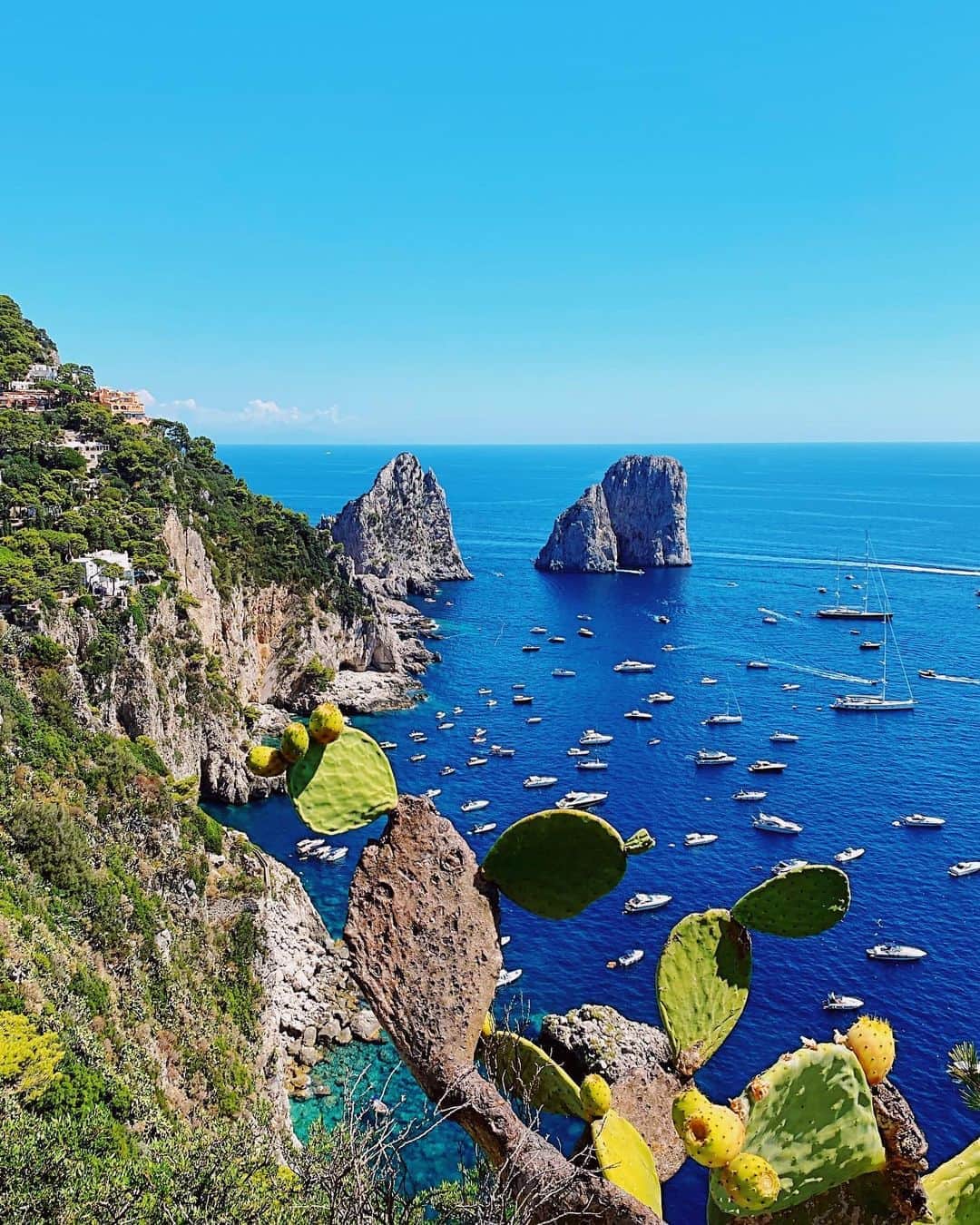 sananasのインスタグラム：「Capri 🤩C’est vraiment trop joli ! Je ne savais pas trop si j’allais apprécier pour être honnête, j’ai toujours peur du « trop chic », « trop bondé » et autant vous dire que oui ça l’était ! Mais c’était vraiment beau ! On ne peut pas éviter la foule mais il y a tellement de jolies ruelles où se perdre ... Sans oublier la Limonade artisanale qui fait du bien au bon moment🍋 Un peu déçue de ne pas avoir visité la grotte bleue mais franchement la queue était digne d’un manège à Disney Land NO WAY !😂 Mais C’était top ! On valide 😍  #Capri #Faraglioni #FaraglioniDiCapri」