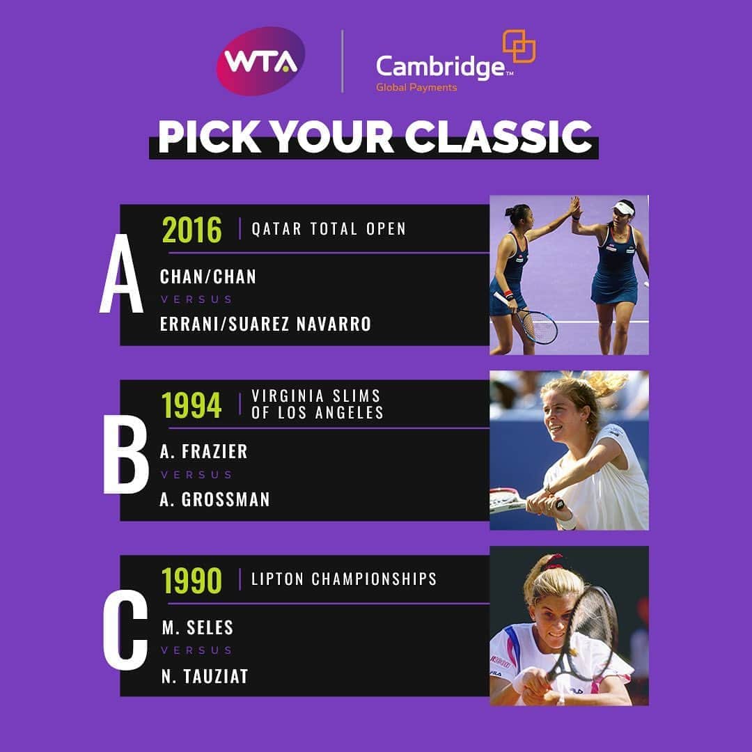 WTA（女子テニス協会）さんのインスタグラム写真 - (WTA（女子テニス協会）Instagram)「🗳Vote for your favorite match and enjoy it on our YouTube channel and Facebook page this Sunday, August 30th, at 10am ET/3pm BST. What's your pick this week?    🍿 Presented by Cambridge Global Payments.」8月28日 20時07分 - wta
