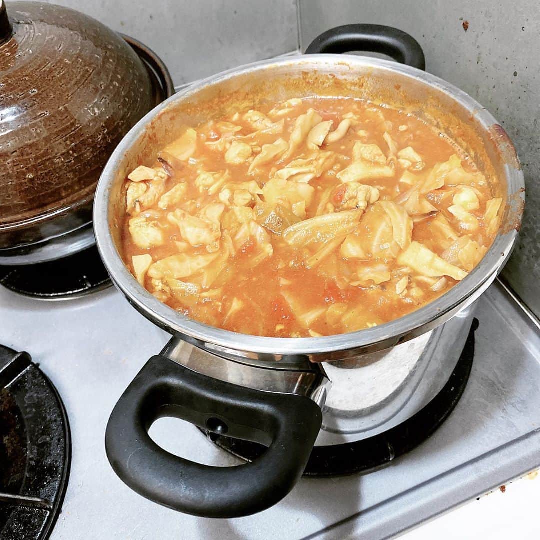 ただすけのインスタグラム：「音楽の話題じゃなくてすいません。 キャンプかっつう量のカレー🍛 野菜も鶏肉もたっぷりたっぷり、美味しく出来上がりそうです☺️」