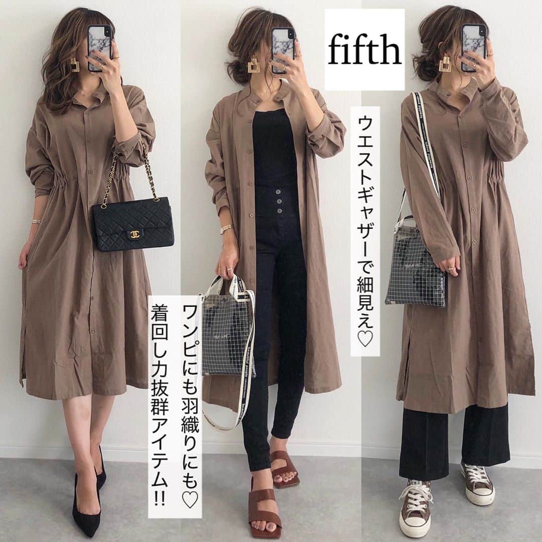 Miyoのインスタグラム：「2020.8.28 ・ @fifth_store のシャツワンピは、ワンピにも羽織にも👌🏻ボトムスとレイヤードしても着れるので着回し力抜群🥰🤎 ドロストデザインで自然なくびれを作ってくれるので、スタイルアップ効果も👏🏻 ・ #ドロストデザインノーカラーシャツワンピース …#fifth#fifthtl#フィフス インナー…#UNIQLO#ユニクロ スキニー…heather ストレッチフレアパンツ…#GU#ジーユー 靴…sesto、lavishgate 、#コンバース バッグ…#CHANEL#beautifulpeople ピアス…#ZARA#ザラ ・ ・ ・ #高身長コーデ#秋コーデ#ワンピース#ヘアアレンジ#今日のコーデ#カジュアル#ママコーデ#ママファッション#GUコーデ#ユニクロコーデ#ザラコーデ#ザラジョ#プチプラコーデ#プチプラファッション#シンプルコーデ#大人カジュアル#きれいめコーデ」