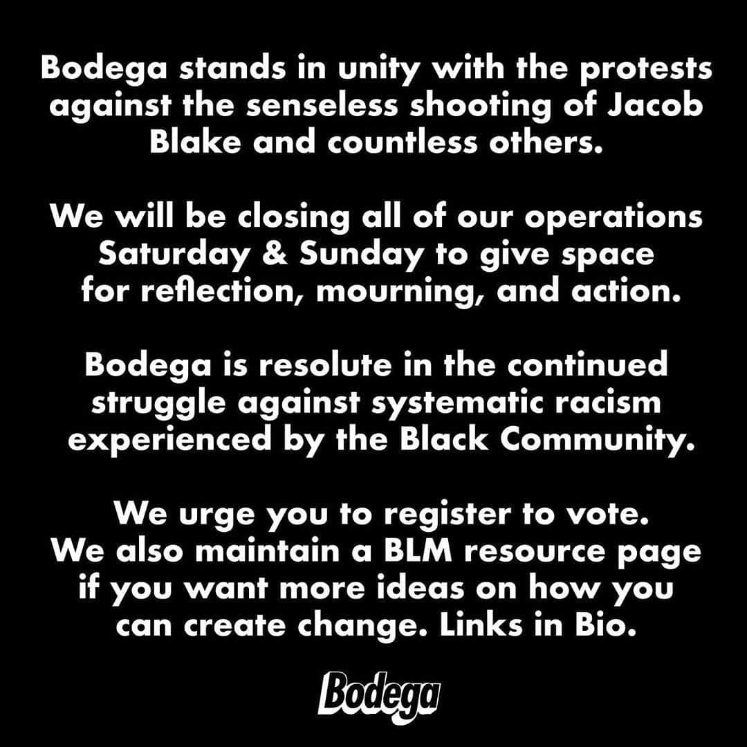 HYPEBEASTさんのインスタグラム写真 - (HYPEBEASTInstagram)「@kith, @bodega, @thesocialstatus and more have closed to protest the racial injustice after the police shooting of Jacob Blake in Kenosha, Wisconsin. Apart from the temporary closures, which range from a day to the full weekend, many of the retailers have also announced other initiatives as well. On August 28, KITH is turning all four of its US flagship stores into voter registration hubs. Check the link in bio for the full story.⁠⠀ Photo: KITH, Social Status, @sneakersnstuff, Bodega, @unknwn」8月29日 7時52分 - hypebeast