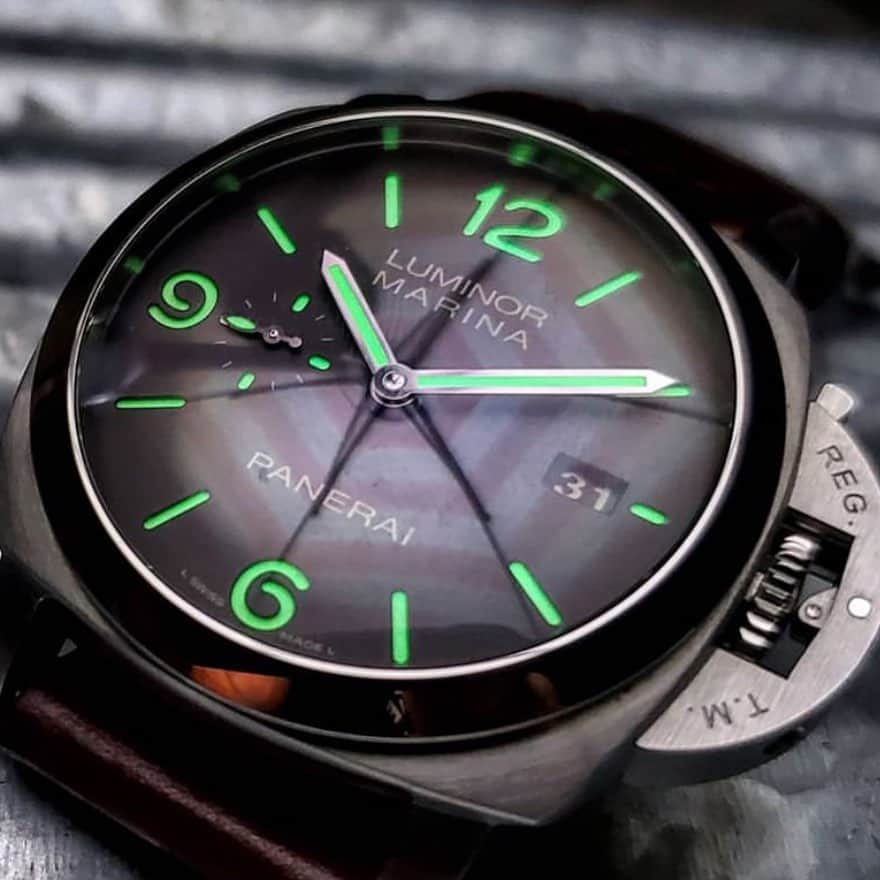 パネライのインスタグラム：「Beautiful lume shining through the sandwich dial of the #Panerai #PAM312 Luminor Marina. One of the iconic models and best of so many features wrapped into one model don’t you think?  Pic by @watchdaddy1 #paneraicentral」
