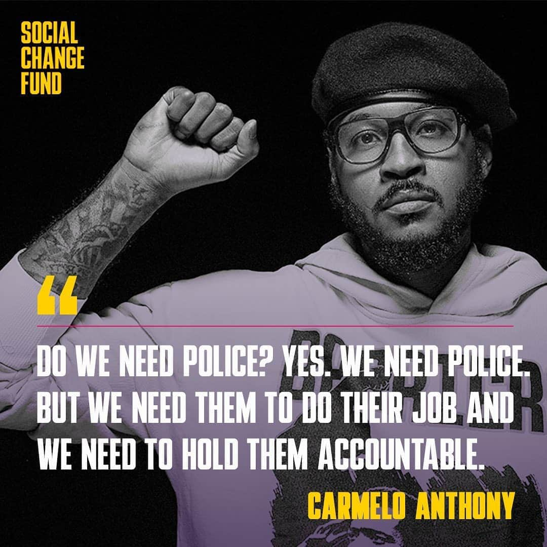 カーメロ・アンソニーのインスタグラム：「"True peace is not the absence of tension, it is the presence of justice." - MLK, Jr.⁣ ⁣ Support the work and the action.  We need a village to affect the change we desire.  The time is now and our village needs us!  Let's organize. @socialchangefnd ⁣ Link in bio⁣ ⁣ #socialchangefund #enoughisenough #itstopsnow #thetimeisnow #standwithus #peace #equality #blacklivesmatter #justiceforbreaonnataylor #justiceforjacob #community #village #ittakesavillage」