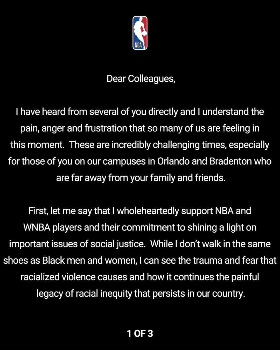 NBAさんのインスタグラム写真 - (NBAInstagram)「Letter from NBA Commissioner to league employees」8月29日 1時03分 - nba