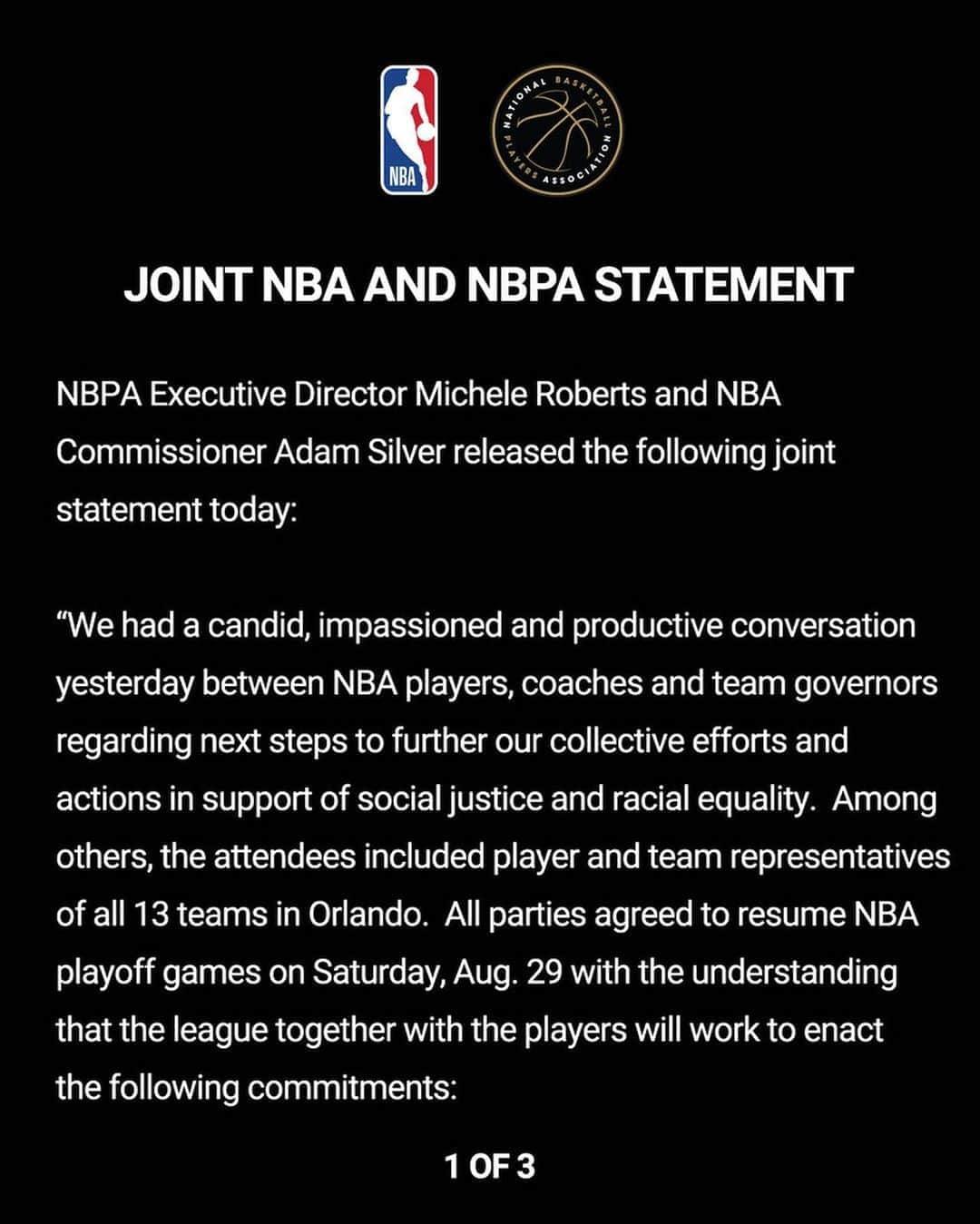 NBAさんのインスタグラム写真 - (NBAInstagram)「Joint NBA and NBPA statement.」8月29日 2時12分 - nba