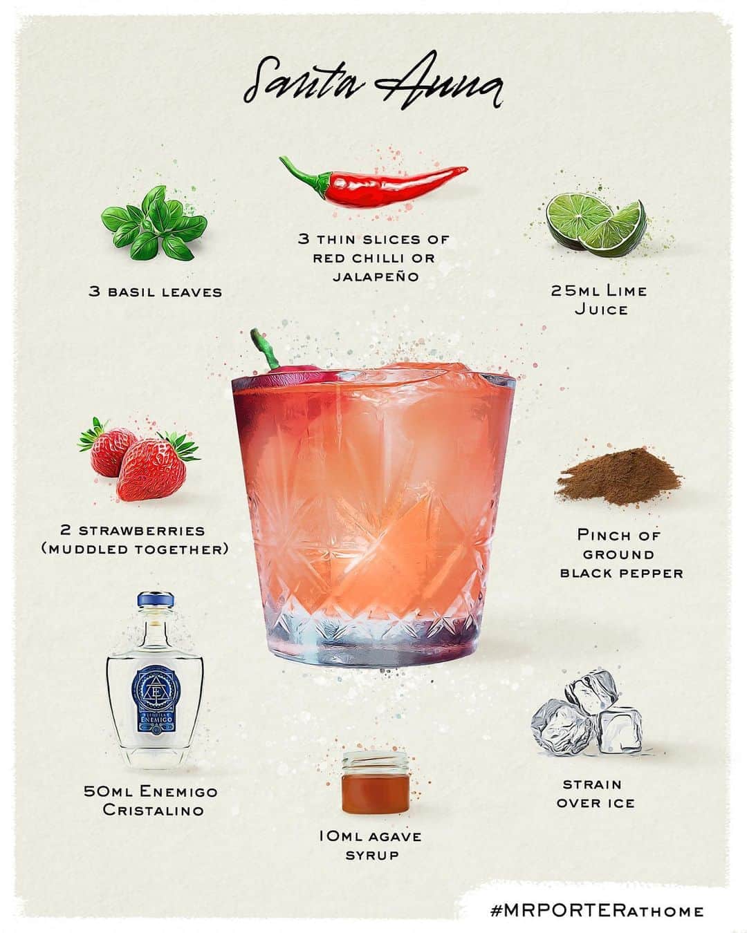 MR PORTERのインスタグラム：「Add a bit of spice to this evening's cocktail hour with @tequilaenemigo's take on a Picante, the last drink we're mixing up as part of our on-going series. Chilli adds a fiery kick while the muddled strawberries cut through the heat. The perfect tipple to toast the long weekend. Head to our stories to see Mr @andrewgeorgiades mix one up for us. Cheers. 🌶️ 🔥#MRPORTERLongWeekend   Put all the ingredients in a shaker, shake together, and strain over ice.   -50ml @tequilaenemigo Cristalino -25ml Lime Juice -10ml agave syrup -2 strawberries (muddled together) -3 basil leaves -3 thin slices of red chilli or jalapeño -Pinch of ground black pepper」