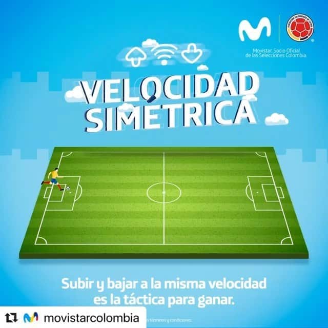サッカー コロンビア代表チームのインスタグラム：「#Repost @movistarcolombia  ・・・ Juega con #VelocidadSimétrica, sube a atacar y baja a defender a la misma velocidad como lo hacen nuestros cracks. 🇨🇴 Activa Internet Fibra Movistar en movistar.co ⚽ Nadie te da más que Movistar.」