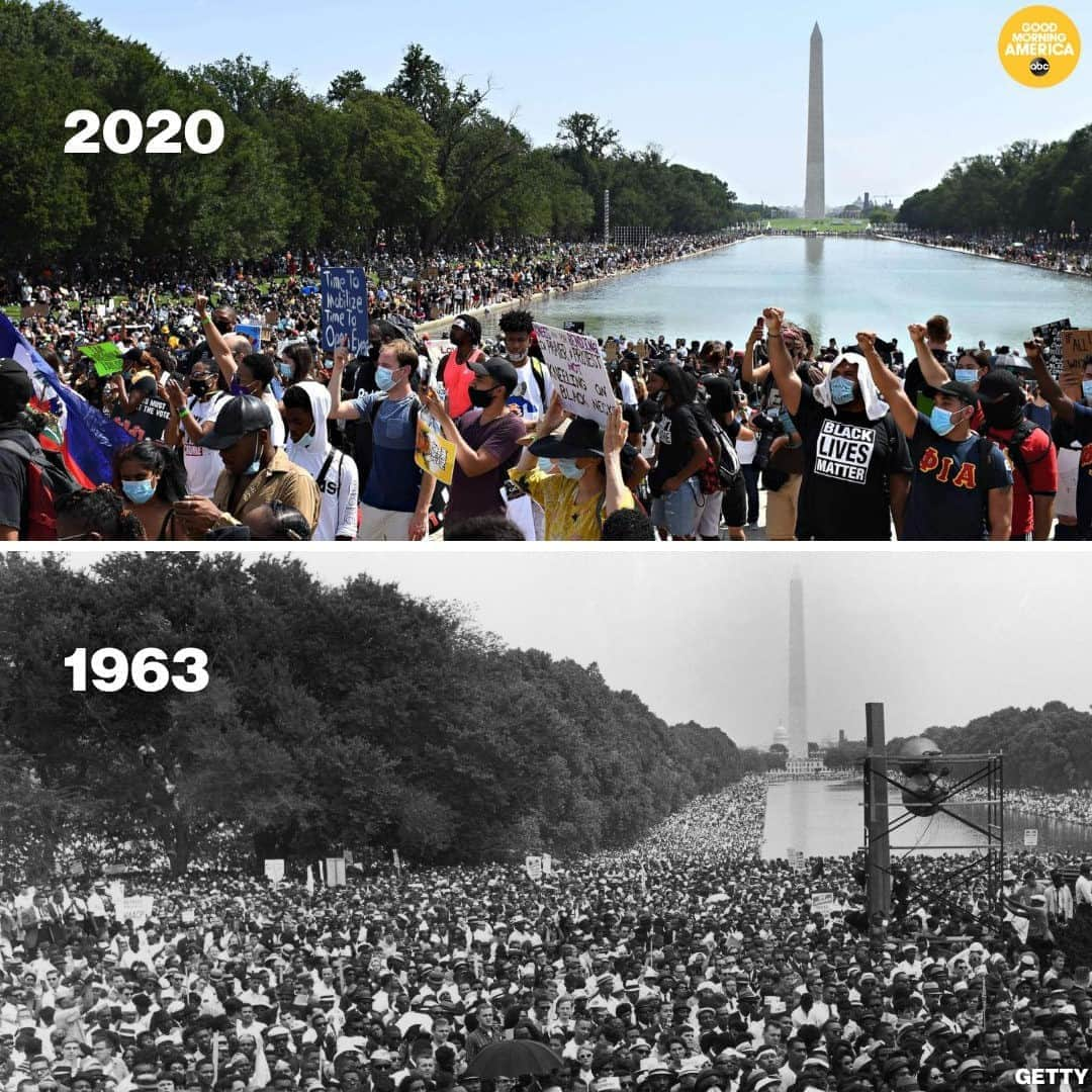 Good Morning Americaさんのインスタグラム写真 - (Good Morning AmericaInstagram)「1963 vs. 2020: A look at people gathered by the Lincoln Memorial for the historic #MarchOnWashington, where Dr. Martin Luther King Jr. delivered his “I Have a Dream,” speech in 1963 vs. today. LINK IN BIO.」8月29日 5時04分 - goodmorningamerica