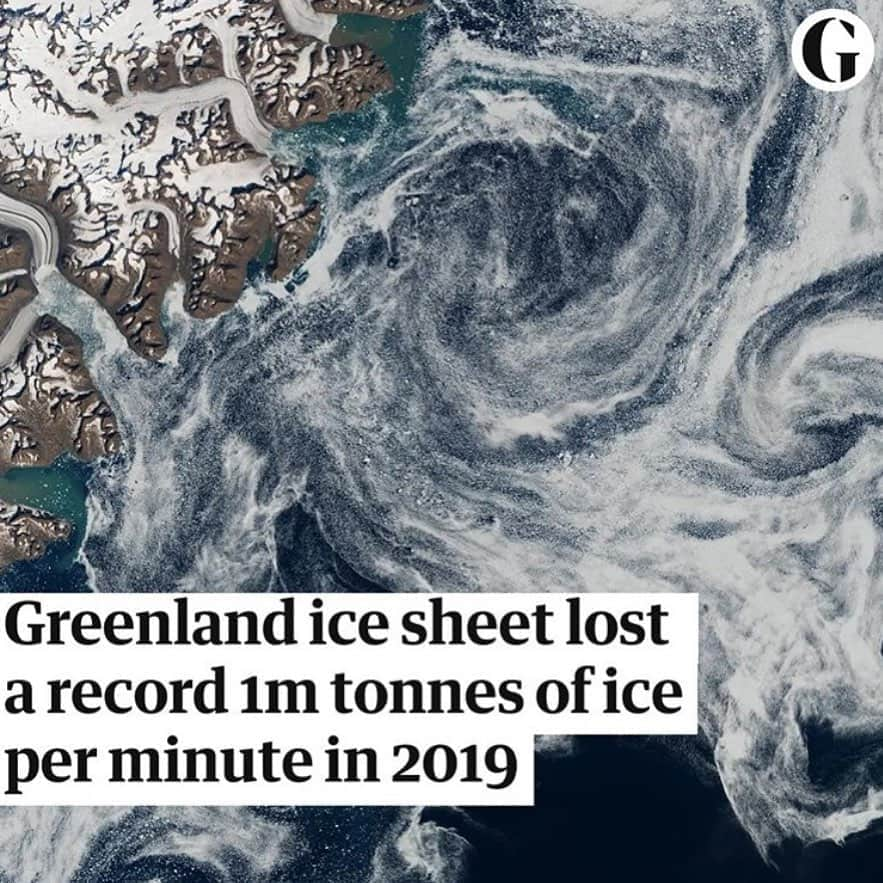 レオナルド・ディカプリオさんのインスタグラム写真 - (レオナルド・ディカプリオInstagram)「From the @guardian: The Greenland ice sheet lost a record amount of ice in 2019, equivalent to a million tonnes per minute across the year.  Satellite data shows that the climate crisis is heating the Arctic at double the rate in lower latitudes, and the ice cap is the biggest single contributor to sea level rise, which already imperils coasts around the world.  The ice sheet shrank by 532bn tonnes last year as its surface melted and glaciers fell into the ocean. These could have filled seven Olympic-sized swimming pools per second.  Snowfall in Greenland was low in 2019, also due to the blocking pattern, meaning relatively little new ice was added. If the entire Greenland ice sheet melts, sea level would rise by six metres.  But despite the rapid melting, the Greenland ice sheet isn't necessarily doomed to melt entirely. Firstly, as glaciers retreat they lose contact with warmer ocean waters and therefore melt less. Secondly, the melting of the sheet with warm air takes centuries, during which time we might be able to reverse the rise in global temperatures.」8月29日 6時47分 - leonardodicaprio