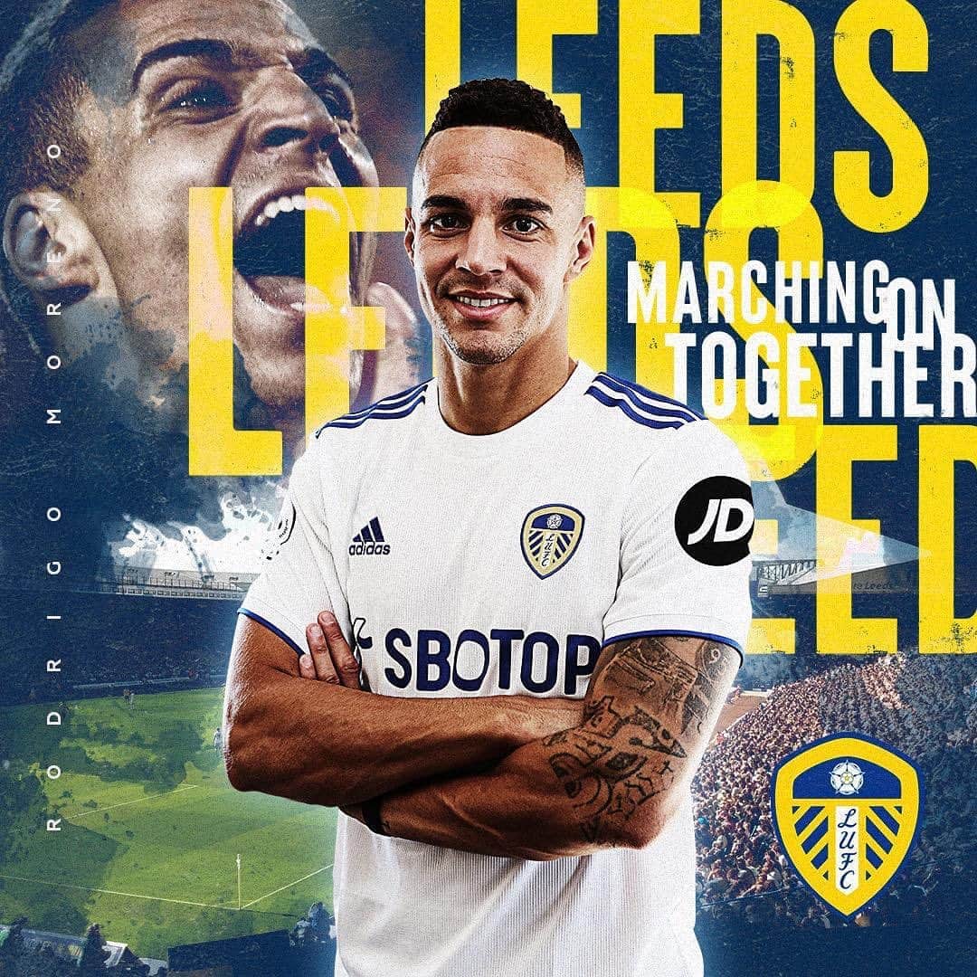 ロドリゴ・モレノ・マチャドのインスタグラム：「Very happy to join @leedsunited Thank you to all the fans for the warm welcome. A new big club in my career, an exciting new challenge in Premier League!!! I will give my best for LUFC! Let’s go Leeds, marching on together!🔵🟡⚪️  #LUFC #OnOnOn」