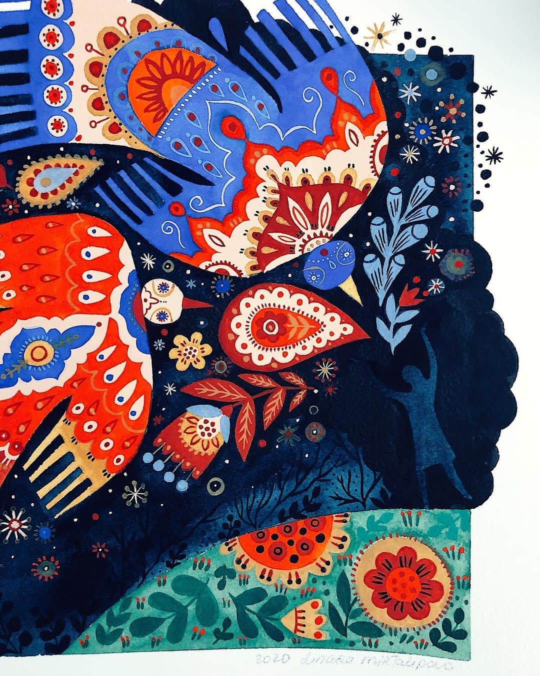 Dinara Mirtalipovaのインスタグラム：「Today “Taproot Magazine” @taprootmag revealed the new cover for their upcoming issue 41 and I couldn’t be more excited about it! I’m happily joining in and sharing a snapshot of my work desk while painting this piece.  The subscriptions are open until Aug 31, please visit Taprootmag.com for more info 💙 #taprootmagazine  #mirdinaraxtaprootmag #mirdinara」