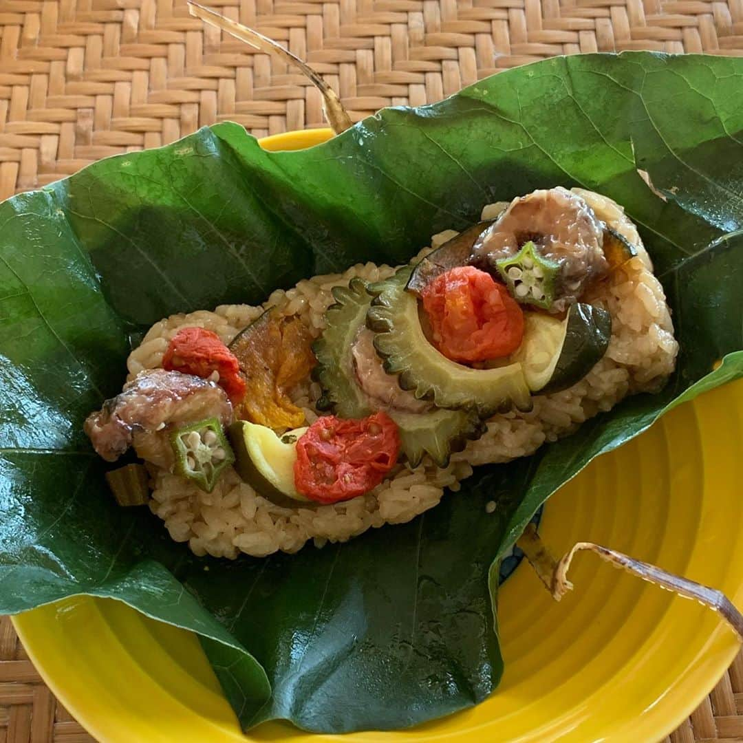 夏木マリさんのインスタグラム写真 - (夏木マリInstagram)「お昼は、 季節の飯蒸しいただきました。  朴の木の葉に包まれた 蛸 お豆ちらしと海老 牛肉 から本日は蛸を......  昔から食物を盛り付けたり、 ご飯やお餅を包んだりしてきた 朴の葉、いいですね〜  #箱からシリーズ #kyoto  #和久傳  #飯蒸し #lunch #natsukirock #夏木マリ 　@mari_natsuki」8月29日 13時16分 - mari_natsuki