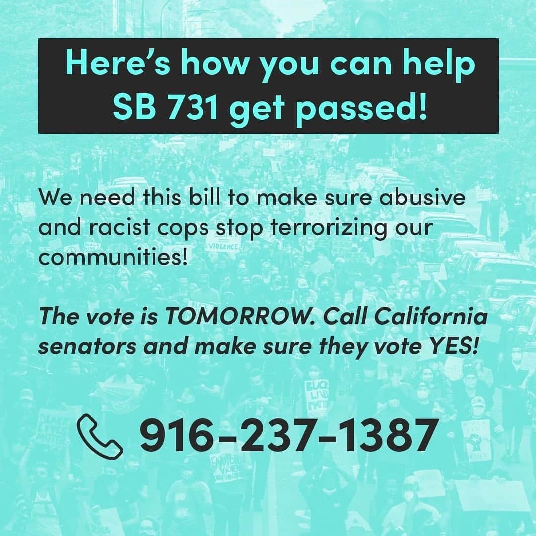 ジェイソン・ムラーズさんのインスタグラム写真 - (ジェイソン・ムラーズInstagram)「URGENT 🚨  I need your help to protect Californians from violent cops!  The California Assembly is set to vote on SB 731 TOMORROW. That’s the Police Decertification Bill.   Right now, if a cop abuses their power or gets fired for racism, they can get hired by another police department. The same department could even hire them again after a few years.  If doctors and lawyers can lose their licenses, why can’t cops?  The bill would also give victims of police violence relief. Under California law, victims have to prove that an officer intended to violate their civil rights in court. How can anyone meet that standard? SB 731 ends that.  We need this. Our communities need this. We have to get abusive cops off of our streets for GOOD.  Help us reach 1K calls TODAY as part of our Weekend of Action!  📞 916-237-1387」8月30日 6時04分 - jason_mraz