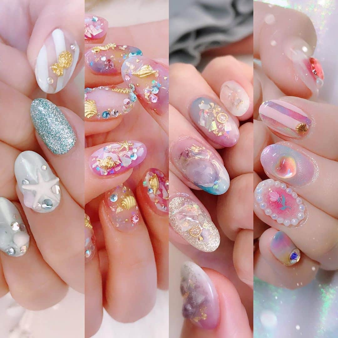 なかやまちえこのインスタグラム：「夏の終わり⠀ #nail #nails #nailart #ネイル #美甲 #ネイルアート  #japanesenailart #manucure #japanesenails #manicurist #gelnails #أظافر #네일아트 #미용 #vẽmóng #ngườiđẹp  #เพ้นท์เล็บ #искусствоногтя #artedeuñas #เพ้นท์เล็บเจล #ジェルネイルデザイン #ネイルデザイン #senikuku #nagelkunst #サマーネイル #summernails #夏ネイル #ゆめかわネイル」