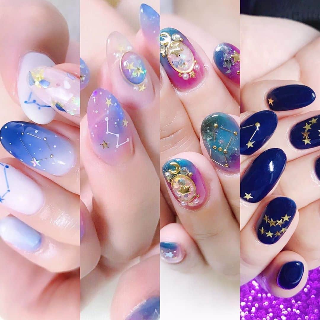 なかやまちえこのインスタグラム：「constellation💫⠀ #nail #nails #nailart #ネイル #美甲 #ネイルアート  #japanesenailart #manucure #japanesenails #manicurist #gelnails #أظافر #네일아트 #미용 #vẽmóng #ngườiđẹp  #เพ้นท์เล็บ #искусствоногтя #artedeuñas #เพ้นท์เล็บเจล #ジェルネイルデザイン #ネイルデザイン #senikuku #nagelkunst #星座ネイル #星座 #constellation #constellationnails #星空ネイル」