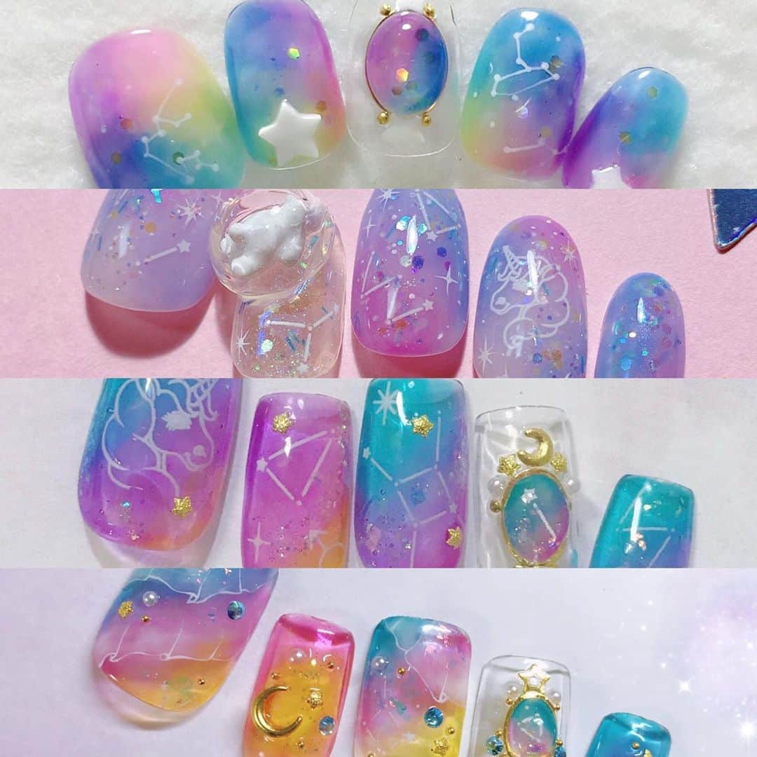 なかやまちえこのインスタグラム：「colorful constellation💫⠀ #nail #nails #nailart #ネイル #美甲 #ネイルアート  #japanesenailart #manucure #japanesenails #manicurist #gelnails #أظافر #네일아트 #미용 #vẽmóng #ngườiđẹp  #เพ้นท์เล็บ #искусствоногтя #artedeuñas #เพ้นท์เล็บเจล #ジェルネイルデザイン #ネイルデザイン #senikuku #nagelkunst #星座ネイル #星座 #constellation #constellationnails #星空ネイル」