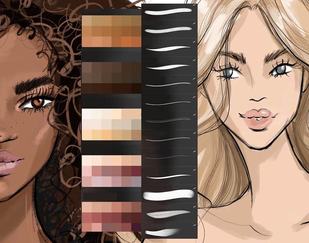 Holly Nicholsさんのインスタグラム写真 - (Holly NicholsInstagram)「Draw beautiful fashion portraits! custom Procreate MegaSet, including 13 brushes for hair and skin, and 90 color swatches for skin tones and hair colors. Enjoy today for 30% off at Hnillustration.etsy.com」8月30日 23時32分 - hnicholsillustration