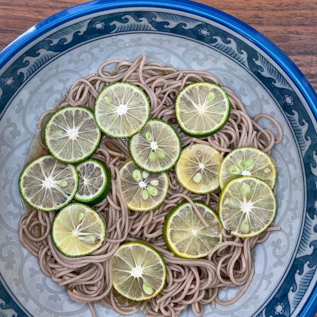 マル子のインスタグラム：「昨日頂いた新鮮なスダチで朝から爽やかスダチ蕎麦🍊  2枚目はこれから起こることを察知して震える方😱  #マル子  #スダチ蕎麦  #磯ちゃんゆうちゃんありがとう」