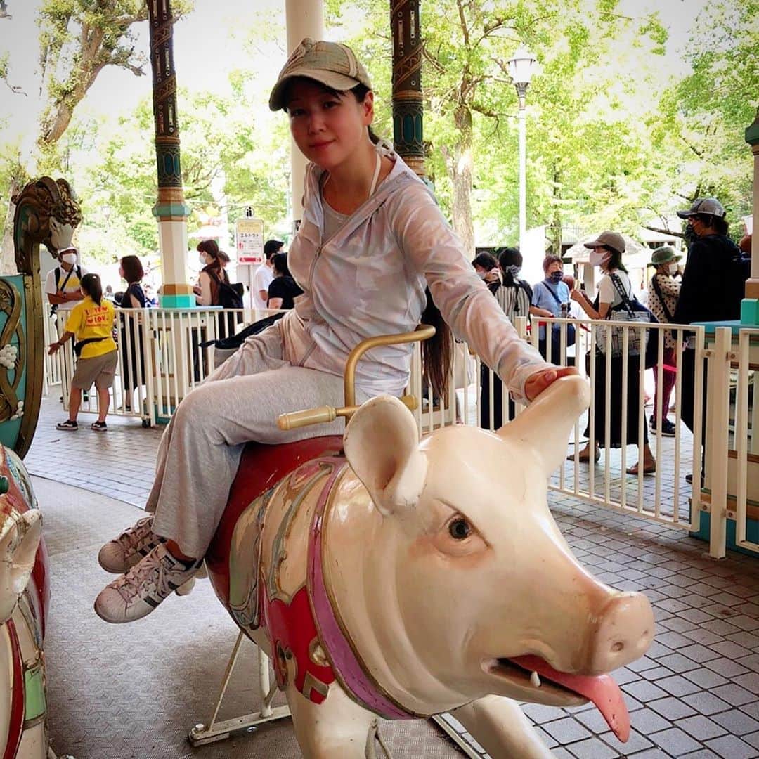 のインスタグラム：「エルドラドも 7つのプールも 名残惜しくて しかたなかった。 大好きな、ぶた。  #としまえん  #としまえんど #ラスとしまえん #ありがとしまえん  #エルドラド #木豚 #カルーセルエルドラド  #波のプール #pig #豚　 #toshimaen #eldorado  #selfie #i #me #selfieesoo #豊島園」