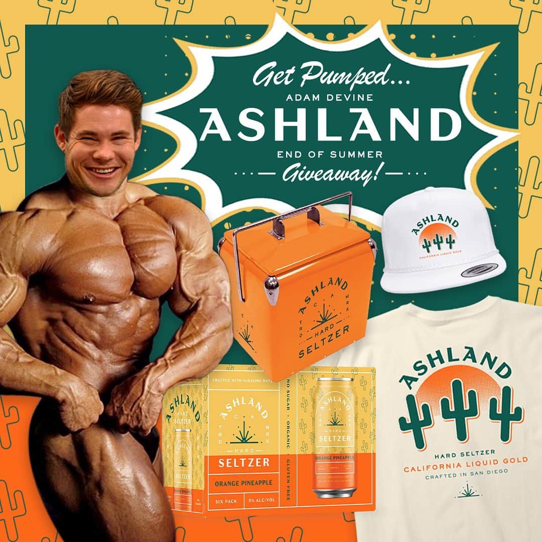 アダム・ディバインのインスタグラム：「.@ashlandhardseltzer and this hunky meat mountain are doing a giveaway! You love free shit! It’s the end of the summer and as you can tell I’ve been putting in WORK. It’s now time to kick back and enjoy the last gasp of this hawt summer. All you got to do is  1)follow @ashlandhardseltzer 2)tag two friends.  That’s it! We will randomly choose someone and give them all this stuff, making it the best summer of their lives. Do it now because we close the giveaway on Wednesday!  The package is an Ashland hat, 24-pack of our Orange Pineapple Limited flavor, 1 of a kind Ashland cooler, Ashland T-shirt.」