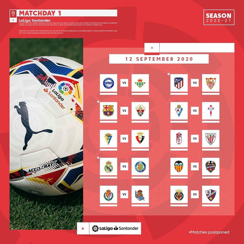 LFPさんのインスタグラム写真 - (LFPInstagram)「Here is MATCHDAY 1 of #LaLigaSantander 2020/21! 🔥  Who will win this season? 🏆⚽️  ¡Aquí está la JORNADA 1 de LaLiga Santander 2020/21? 🔥  ¿Quién ganará esta temporada? 🏆⚽️  #AlavésRealBetis #AtletiSevilla #BarçaElche #EibarCelta #CádizOsasuna #GranadaAthletic #RealMadridGetafe #ValenciaLevante #RealValladolidRealSociedad #VillarrealHuesca #Football」9月1日 2時13分 - laliga