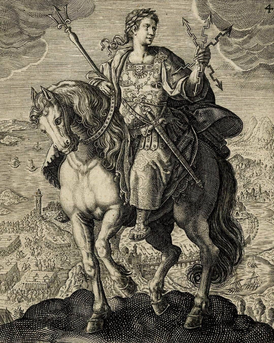 のインスタグラム：「The Roman emperor Caligula was born #onthisday in AD 12.   Caligula was a nickname meaning ‘little boot’, which comes from ‘caligae’ – the heavy hobnailed boots worn by the Roman army. The emperor was given the name as a child, although his real name was Gaius Julius Caesar Germanicus.   This print shows Caligula on horseback, in full armour, wearing the winged hat of Mercury, holding the thunderbolts of Zeus and the trident of Poseidon.   🔎 After Jan van der Straet (1523–1605), ‘Caligula’. Engraving on paper, before 1600.  #Caligula #AncientRome #RomanEmperor」