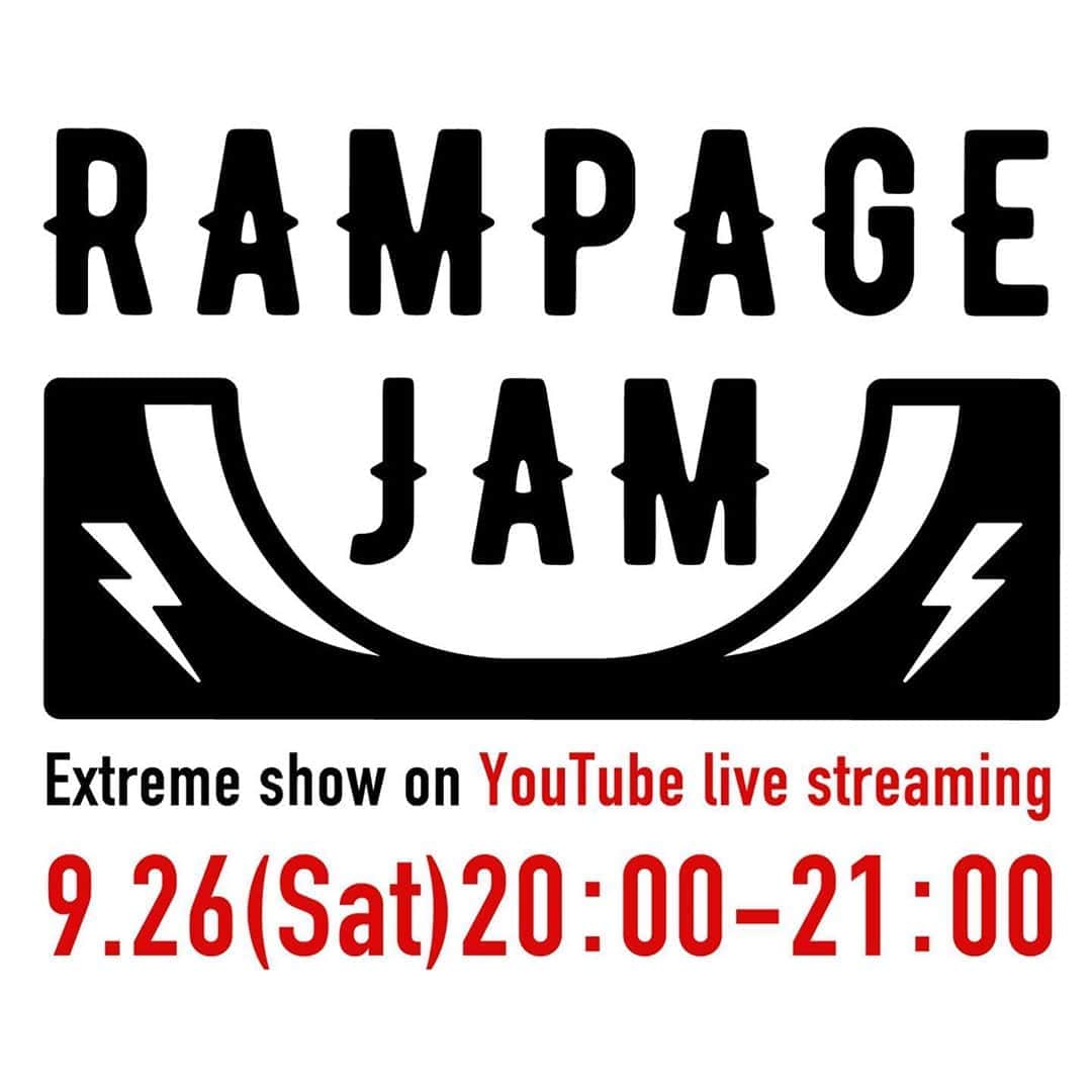 安床武士のインスタグラム：「ショーケースのYouTubeライブ配信やります！！！！ ﻿ 大会やショーが今年は全て中止に。﻿ この状態がいつまで続くのか分からないのなら、自分からやり始めようと！﻿ ﻿ その名も「RAMPAGE JAM」 (ランページジャム)﻿ ロゴは仲間の @feelin_acchan が作ってくれました！！﻿ 格好良くて可愛らしさもあるのがめちゃくちゃ気に入ってます。﻿ あっちゃん、ありがとう！！﻿ これはグッズ化も……！？！？﻿ ﻿ インラインスケートだけではなく、スケートボード、BMX、音楽も混ぜてやります！﻿ ﻿ これから情報公開していきますので、続報をお楽しみに！﻿ ﻿ —————-﻿ RAMPAGE JAM Vol.1﻿ 9月26日(土)20時〜21時﻿ ﻿ #rampagejam #ランページジャム #livestreaming #youtube #ランジャム」