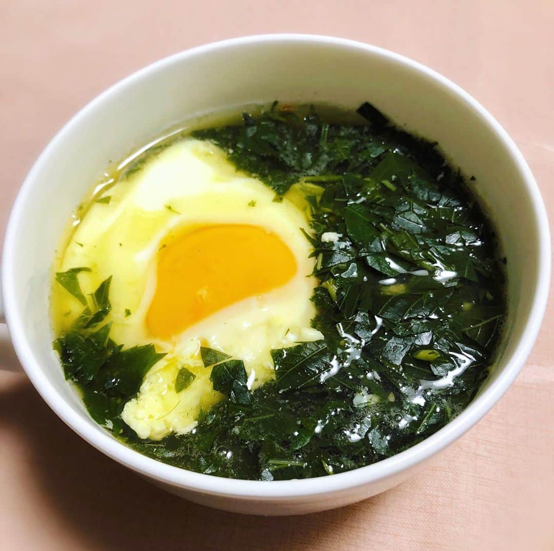 のインスタグラム：「私の好きな料理研究家の りゅうじお兄さんやツレヅレハナコさんが モロヘイヤーモロヘイヤー、体に良いぞー👍と投稿されていたので、触発されて #モロヘイヤスープ 前にも作ったけれど、 今回はモロヘイヤを適当に切ってコンソメ大体1個分入れてぴゃーっと煮て、クミンシードを適当に入れて卵をどーんと落としてみました！ これ、ちょっと弱ってる時に絶対良い！！お腹ポカポカしてくる☺️ 今季、もう1回くらい作りたいなぁ。 #おうちごはん #モロヘイヤレシピ」