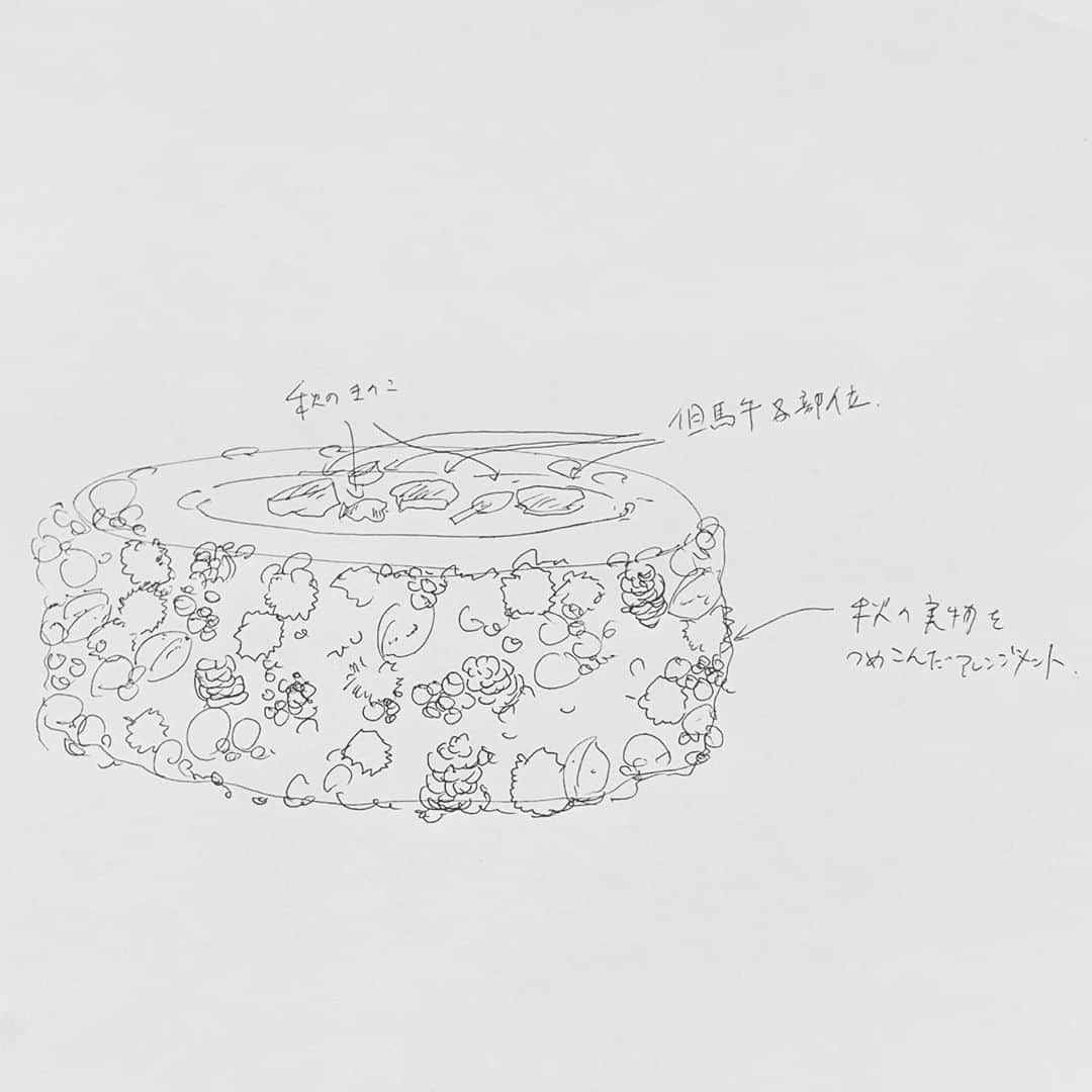 ShinTakedaのインスタグラム：「φ30  木の実と花を使った器を作り大きなお皿にする。@shin_fujiwara_  と作り上げる。 もちろん時間と費用はかかるけど、圧倒的な体験になる💐   #sketch #料理　#pintcatering #前菜 #Flower」
