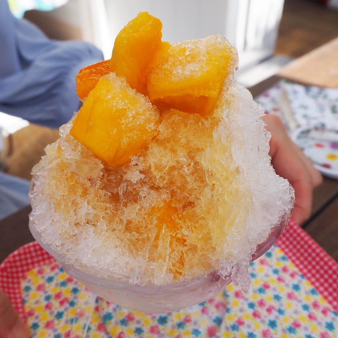 小野澤玲奈のインスタグラム：「憧れの人あやめさんのかき氷を いただきました🍧 @ayame_519   上に乗っているのはマンゴーかと思いきや 柿！ 柿ごおり。笑  夏休み初日の先輩と☺️  短い時間だったけど、 あやめさんとコロナで半年以上会えなかったから 喜びが倍増💓沢山笑った  Boatのかき氷は シャリシャリの氷に 甘露の優しい味の手作りシロップ。 これこそ混じりっ気ないリアルなおいしさ💓  #キャプテンテーブル で青春を過ごしたみなさんは ぜひ一度のぞいてみてください✨  #かき氷  #氷活  #桜橋  #boatかき氷」