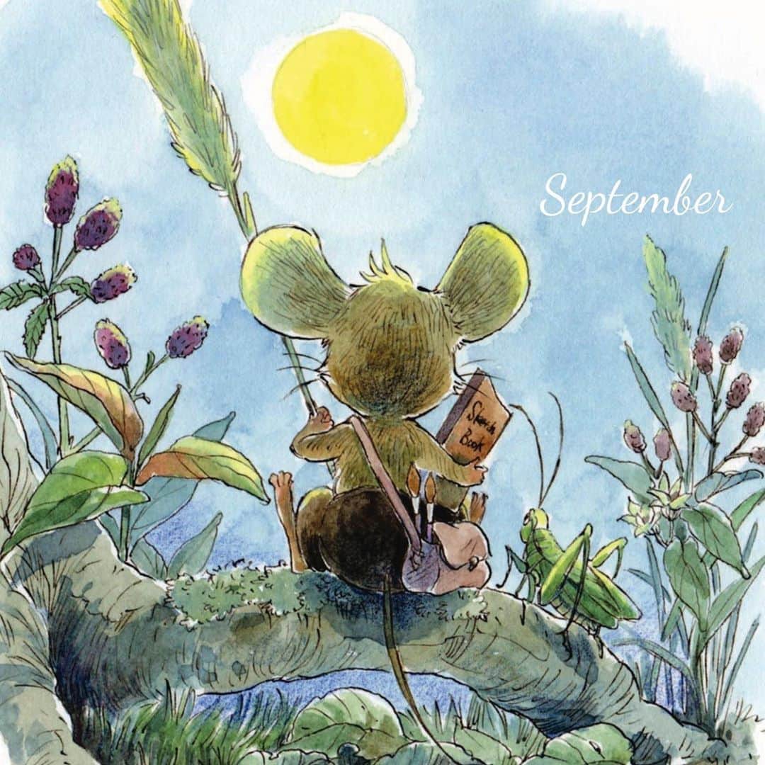 イラストレーター山崎牧子のインスタグラム：「September by Calendar Yururi's little paintbrush  まだ残暑の厳しい毎日ですね。 #illustration#illustrator#september#fullmoon#sweet#autumn#artwork#watercolor#watercolorpainting#9月#お月見#ねずみ#水彩画#イラスト#イラストレーター#月#秋#野草」