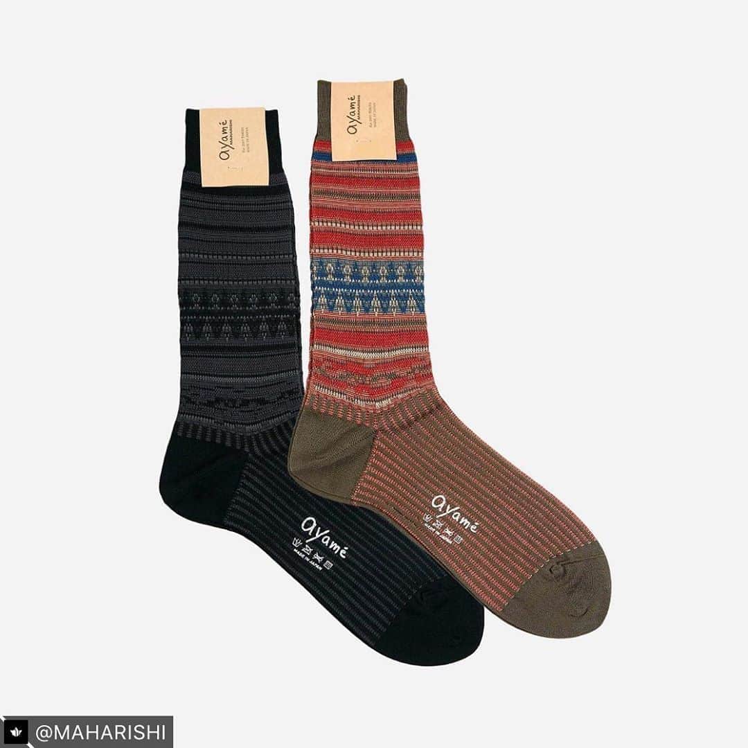アヤメさんのインスタグラム写真 - (アヤメInstagram)「Honored to AW20 special edition, @maharishi x @ayame_socks 🔥🧦🔥🧦 マハリシ見てみてください! #ayamesocks #maharishi #fashion #londonstreetstyle #britishdesigner #japanesedesigner #textiledesign #🧦 #socksoftheday #socksofinstagram #menssocks #メンズソックス #specialcollections   #Regram #Repost via  @maharishi maharishi x @ayame_socks – produced exclusively for maharishi by Japanese artisans Ayamé, featuring Kilim patterns inspired by handwoven rugs and Peruvian textiles, and AW20’s disruptive pattern, DPM: Mamushi.」9月1日 11時54分 - ayame_socks