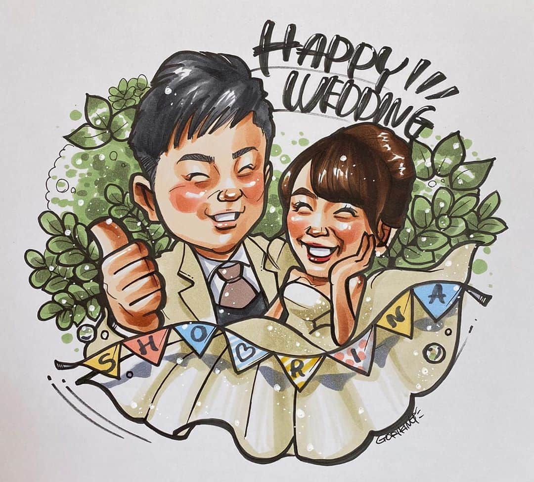 似顔絵★𝗚𝗢𝗥𝗜𝗞𝗜𝗡𝗚のインスタグラム：「. . 先日の一枚目❤️ . . 二枚のご依頼でした⭐️✨ こちらはウェディング用で 以前描いた生田斗真さんご夫婦のを参考にご依頼いただきました❤️❤️  最近このデザイン人気💕 嬉しい😍⭐️✨  ❌❌現在は、予約受付終了してます❌❌ 。 . . .  2020年度ご予約のお客✨ 現在55番までの方へ案内中です🌟✨💕 DMの確認いただきgmailへ返信宜しくお願い致します🙇‍♀️🌟✨✨ . . . .  次回の予約応募は、2020年のご予約分を書き終える予定の 来年春から夏頃の、、、予定です。 ※あくまでも予定なので前後します🙇‍♀️ . . . .  オーダー再開の際には 人数制限あるため必ず予約ができるわけではございません。 そのことも踏まえた上で 次回ご検討いただけると嬉しいです(^^) . . また、結婚式の使用を考えてくださる方も多いです✨  前々からお伝えしていますが、 基本的に予約順に対応しているため、 近々の納期を希望される方は、 対応できないこともあるので、 あらかじめご了承ください💦 . . . . . ※今回予約が取れた方へ※ . .  写真がまだ用意できてない、入金が遅れそうなど、状況により、順番が前後することもございます‼️ あらかじめご了承ください。 。 . . . また、芸能人、キャラクターのオーダー、パロディ風オーダーはお断りしています。  芸能人については、ご本人様に直接プレゼントなどはOKです。 . . . . . . 💰料金表は過去投稿記事みてね❤💰 . . . . . ➡️ハッシュタグ⇨ goriking117料金表2019⬅️ . . ✨✨✨✨✨✨✨✨✨✨✨✨✨✨✨✨ @by.goriking のアカウントでは、 過去書かせて頂いたお客様方からの、 似顔絵のその後のお写真をいただき、 投稿しております^ - ^❤️❤️ 玄関に飾ってある似顔絵、 渡した瞬間のお写真、 ご本人とのお写真などなど💕 いろんな場面でのお写真お待ちしております^ - ^✨⭐️ . . . .  .  #似顔絵#pencildrawing#drawing#pencil#illust#painting#art#artwork#絵描きさんと繋がりたい#似顔絵師#gorikingの似顔絵屋さん#仲良し家族#仲良し夫婦#welcomeboard#wedding#weddingdress#結婚式#結婚#ウェルカムボード#ウェディングドレス#自然#🌿#🌱#☘#welcomespace#comicart#anime#animeart#comicartist#animejapan」