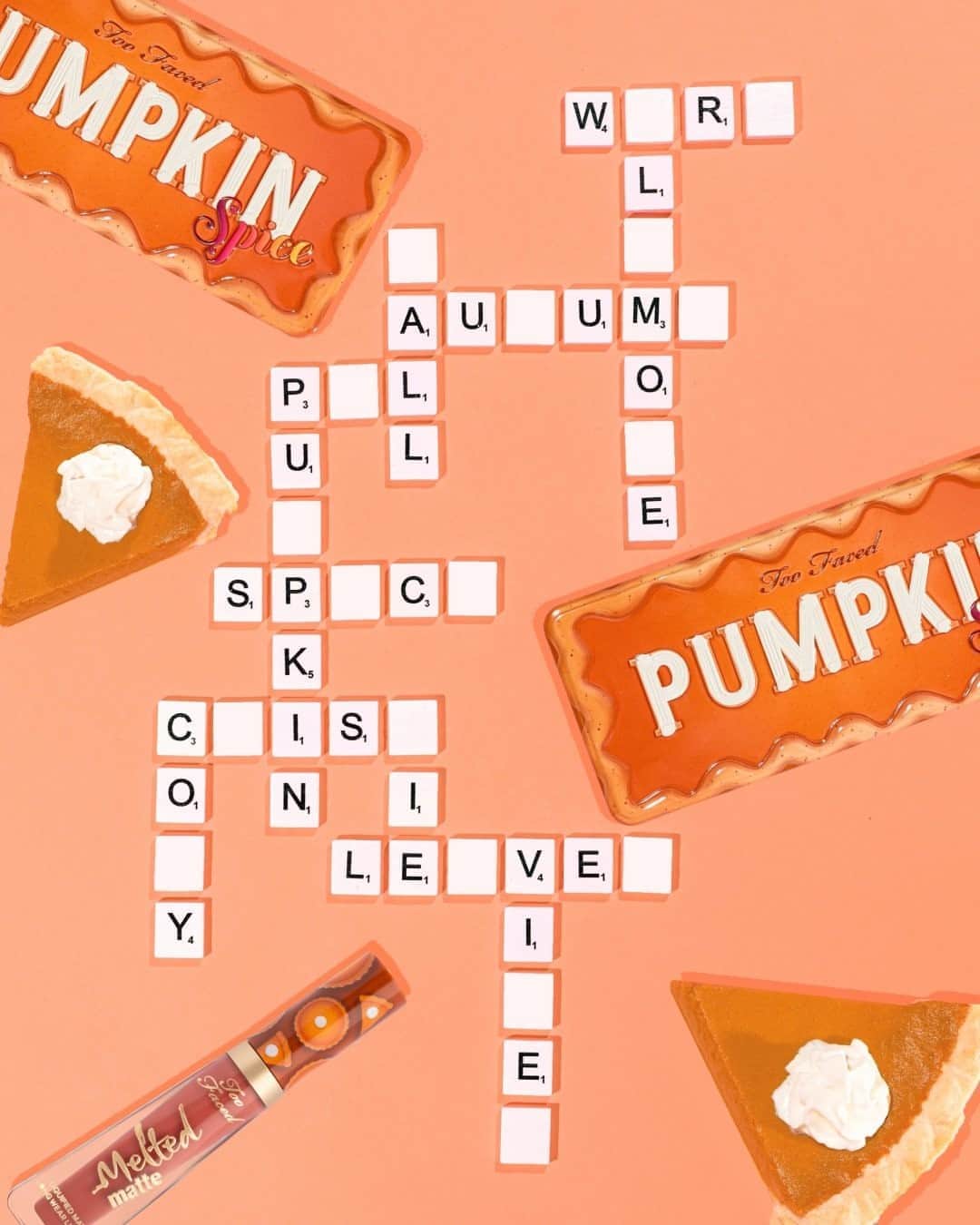 Too Facedさんのインスタグラム写真 - (Too FacedInstagram)「We're celebrating the launch of our NEW Pumpkin Spice Eye Shadow Palette with all the fall feels! 🍁 Can you guess all the words? (Hint: some of them are shade names 😉) #toofaced」9月1日 7時01分 - toofaced