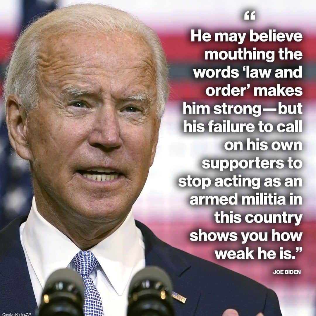 ABC Newsさんのインスタグラム写真 - (ABC NewsInstagram)「Joe Biden says President Trump "may believe mouthing the words 'law and order' makes him strong—but his failure to call on his own supporters to stop acting as an armed militia in this country shows how weak he is."  In a speech Monday afternoon in Pittsburgh, the Democratic nominee claimed that Trump has only escalated violence playing out in the streets of Kenosha and Portland. “This president long ago forfeited any moral leadership in this country. He can’t stop the violence – because for years he has fomented it,” Biden said.」9月1日 7時01分 - abcnews