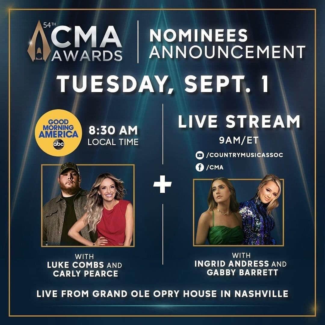 Good Morning Americaさんのインスタグラム写真 - (Good Morning AmericaInstagram)「TOMORROW: Nominees for the #CMAawards will be revealed LIVE from Nashville with @LukeCombs & @CarlyPearce! Then, join @IngridAndress & @GabbyBarrett_ who will announce more nominees via the official @CMA live stream on YouTube & Facebook!」9月1日 7時15分 - goodmorningamerica