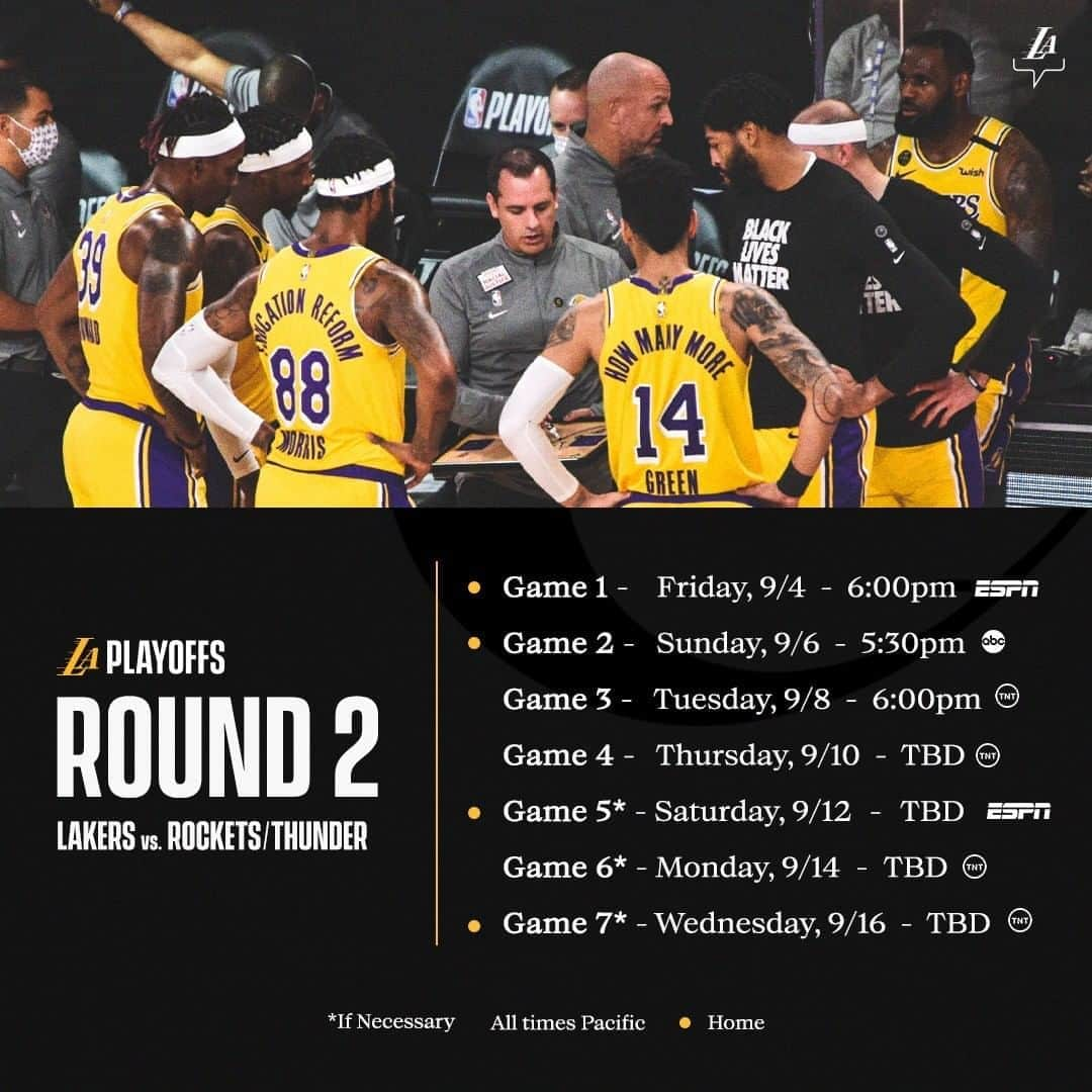 Los Angeles Lakersさんのインスタグラム写真 - (Los Angeles LakersInstagram)「Clear your schedules. We've got Conference Semifinals this week.」9月2日 6時00分 - lakers