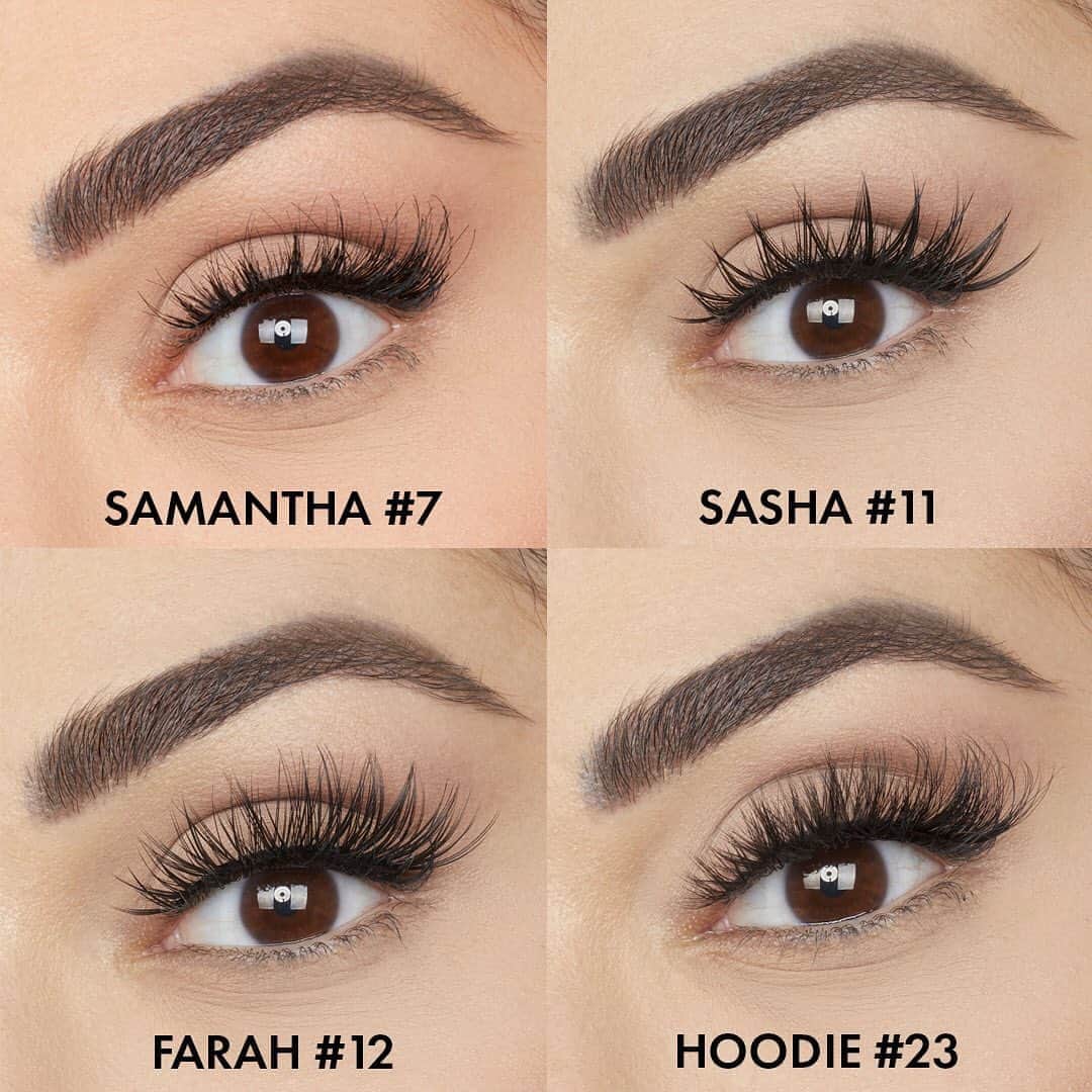 のインスタグラム：「These are my absolute FAV lashes for whenever I wear lashes.  Ranked by drama:  💕Samantha #7: no liner needed & super natural 💕Sasha #11 & Farah #12: so good with just liner alone 💕Hoodie #23: amazing with a dramatic smokey eye or shadow liner」