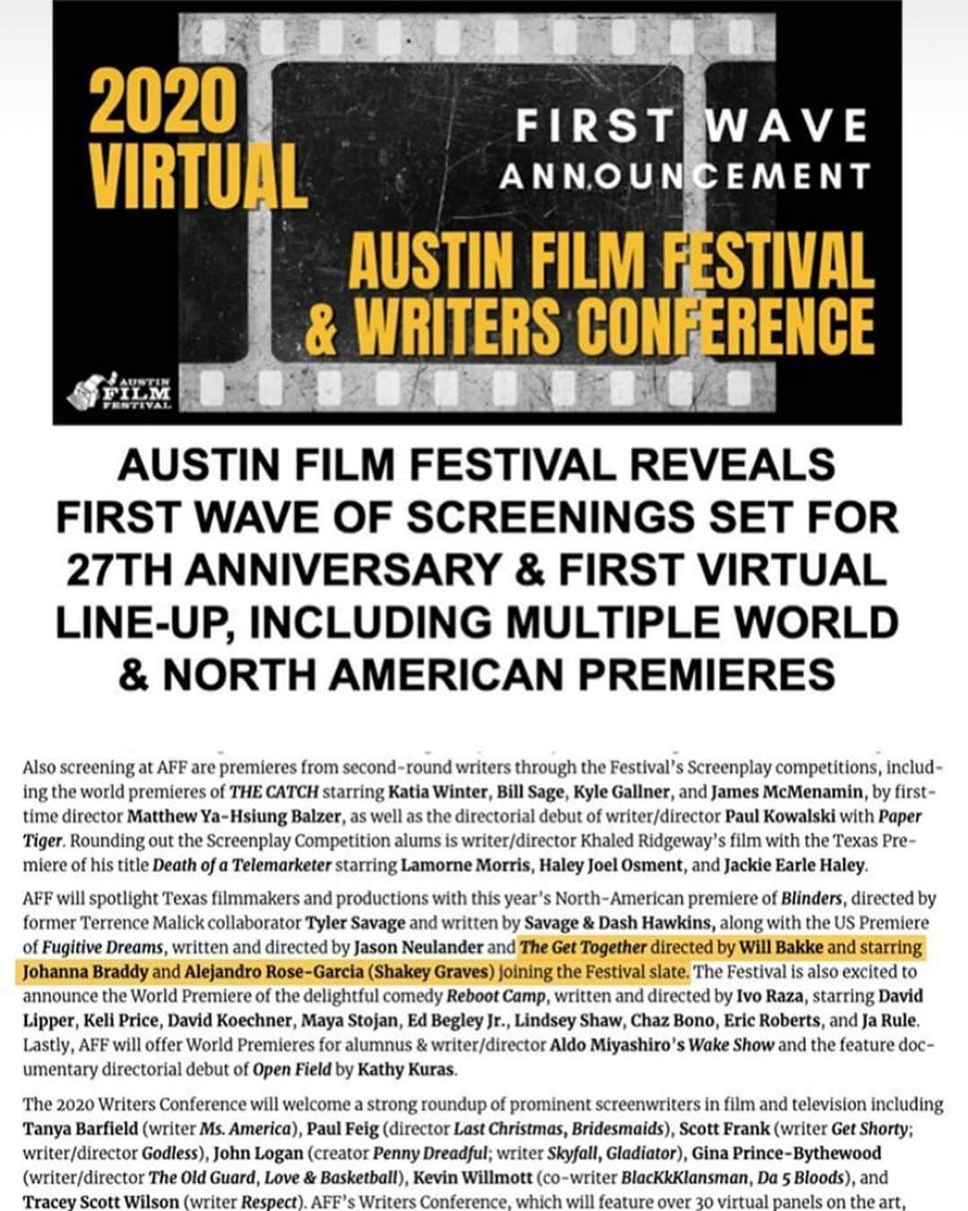 ジョアンナ・ブラッディさんのインスタグラム写真 - (ジョアンナ・ブラッディInstagram)「So excited @gettogetherfilm is going to premiere at the Austin film festival this year!  This was such a fun project to work on. The coolest people in the coolest city. It felt like one big party! Directed by @will_bakke Can’t wait for y’all to see it! ❤️ #aff #austinfilm」9月2日 0時38分 - thejohannabraddy