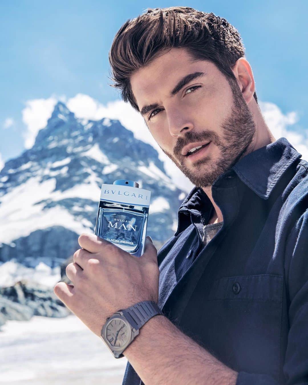 ニック・ベイトマンのインスタグラム：「Introducing BVLGARI MAN GLACIAL ESSENCE.   Beyond proud to release another fragrance with @bulgariparfums and @bulgari I can honestly say we risked our lives for this one 2000m up in the mountains. Well worth it」
