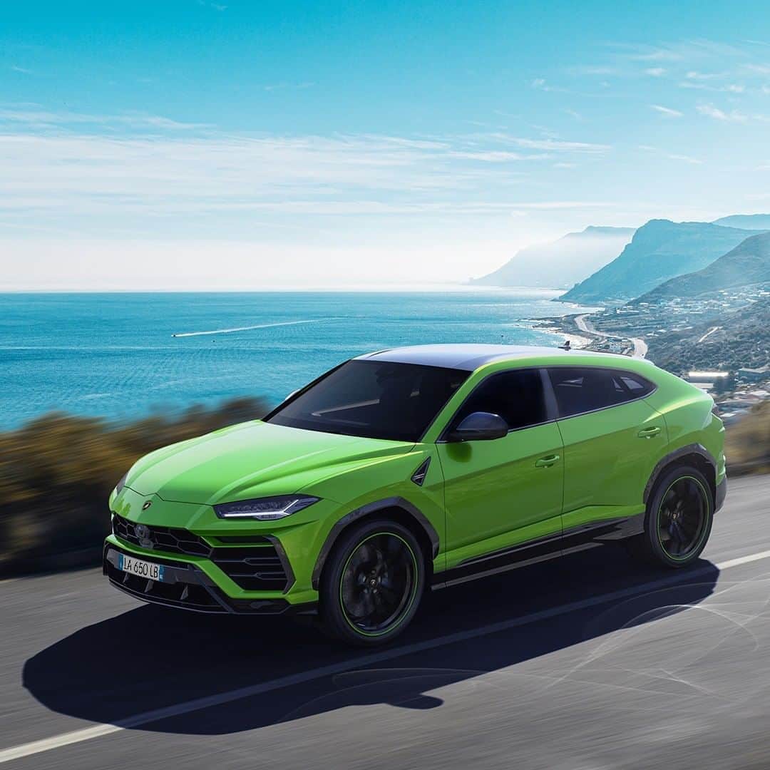 ランボルギーニのインスタグラム：「You know it's summertime when colors appear brighter and passion soars with every curve of the road.   Through its extremely resilient nature, Urus represents freedom in its quintessential state by allowing you to explore all terrains so that you can best express yourself.   #Lamborghini #Urus #UnlockAnyRoad」