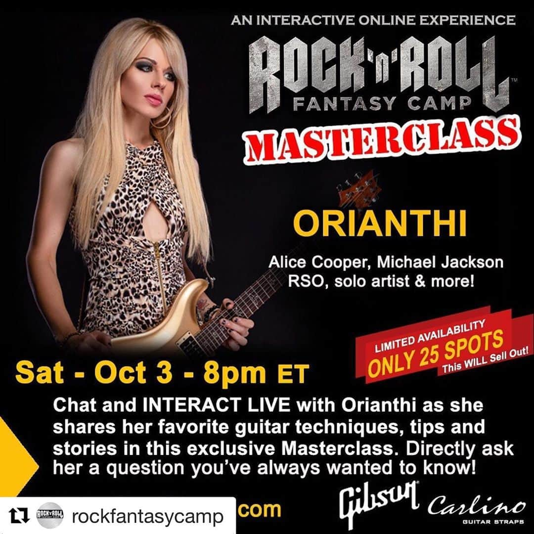 オリアンティさんのインスタグラム写真 - (オリアンティInstagram)「Tickets available now ! #Repost @rockfantasycamp with @get_repost ・・・ Just announced! Orianthi’s masterclass is coming October 3rd at 8pm EST. Don’t miss it! Tickets at link in bio. Rockcamp.com #orianthi #guitar #alicecooper #michaeljackson #rso #soloartist #rockstar #rockcamp #musician #masterclass #masterclasses」9月2日 4時05分 - iamorianthi