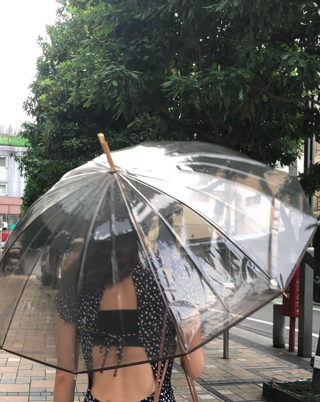 大桑マイミさんのインスタグラム写真 - (大桑マイミInstagram)「急な雨☂️困るけどお気に入りの傘があると気分はあがる☔️❣️ バンブーハンドル製の大人のビニール傘　&  大好きなvasic のbag #トラディショナルウェザーウェア  #stormseal  #clearumbrellabamboo #雨の日のコーデ☔️」9月2日 15時47分 - maimiokuwa
